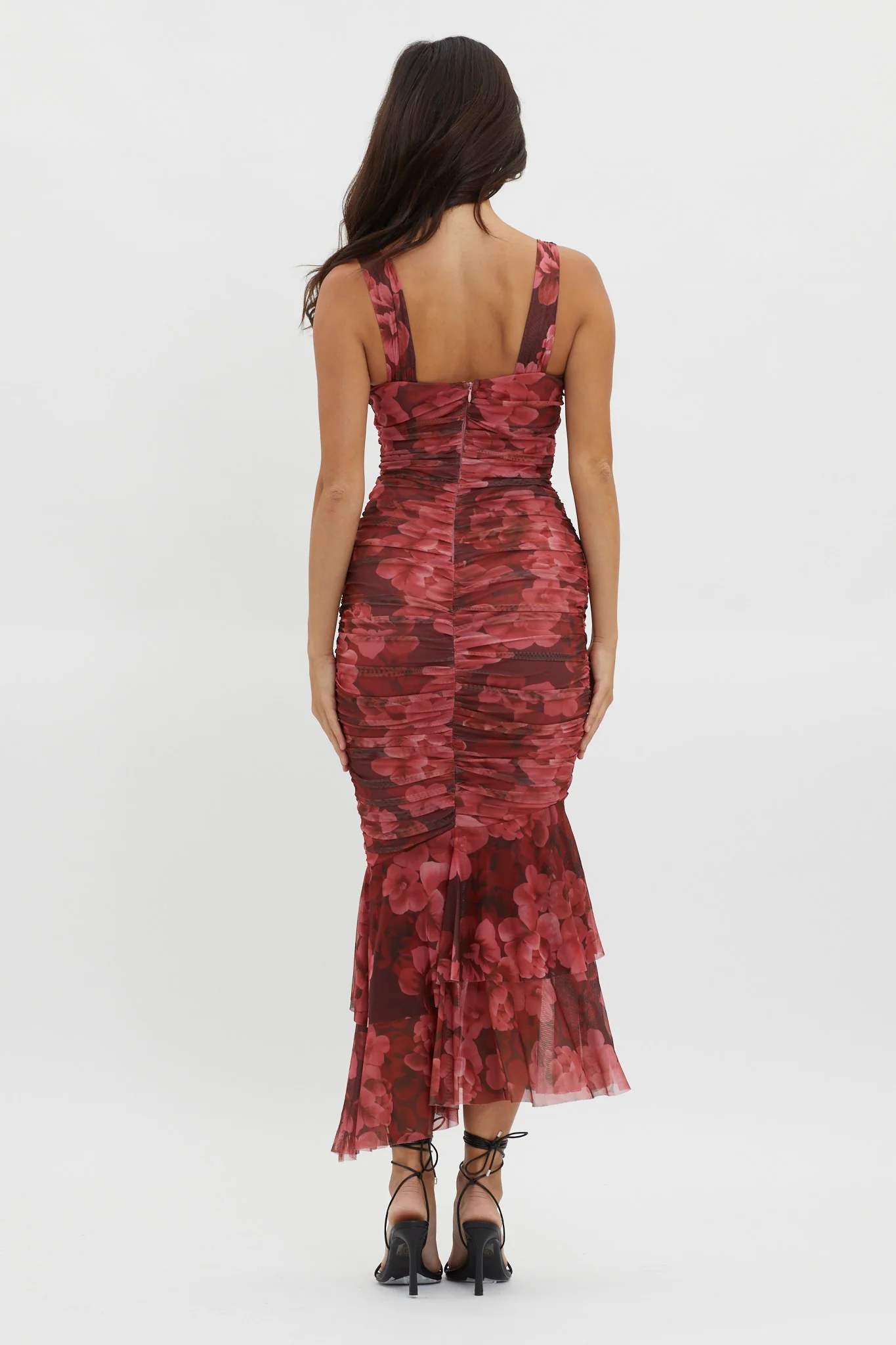 Nadia Ruched Fishtail Midi Dress Floral Wine - Sonourner