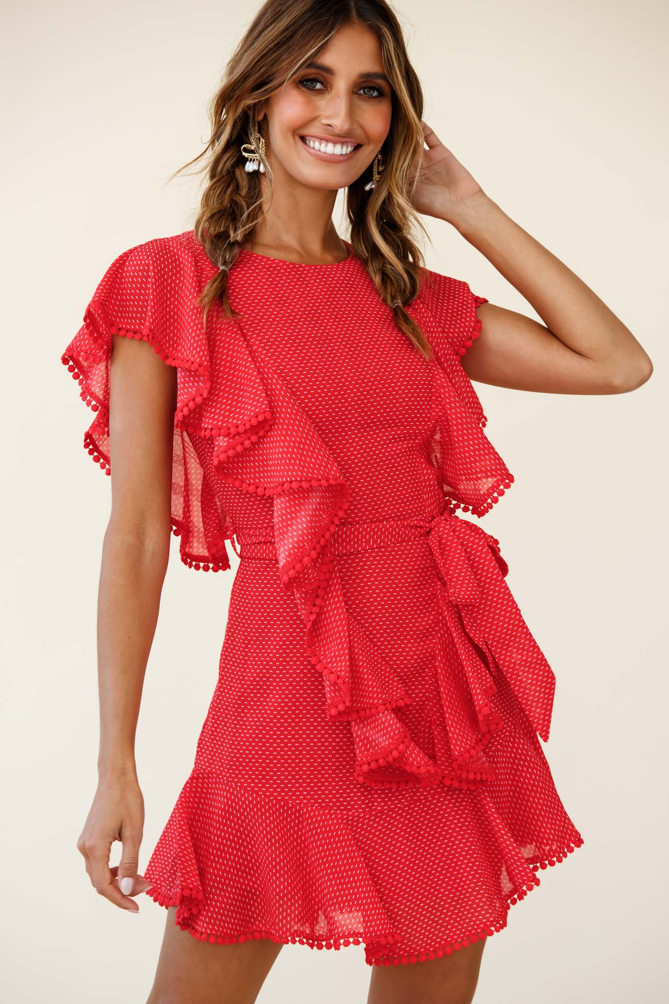 Deandra Ruffle Insert Waist Tie Dress Dash Pattern Red - Sonourner