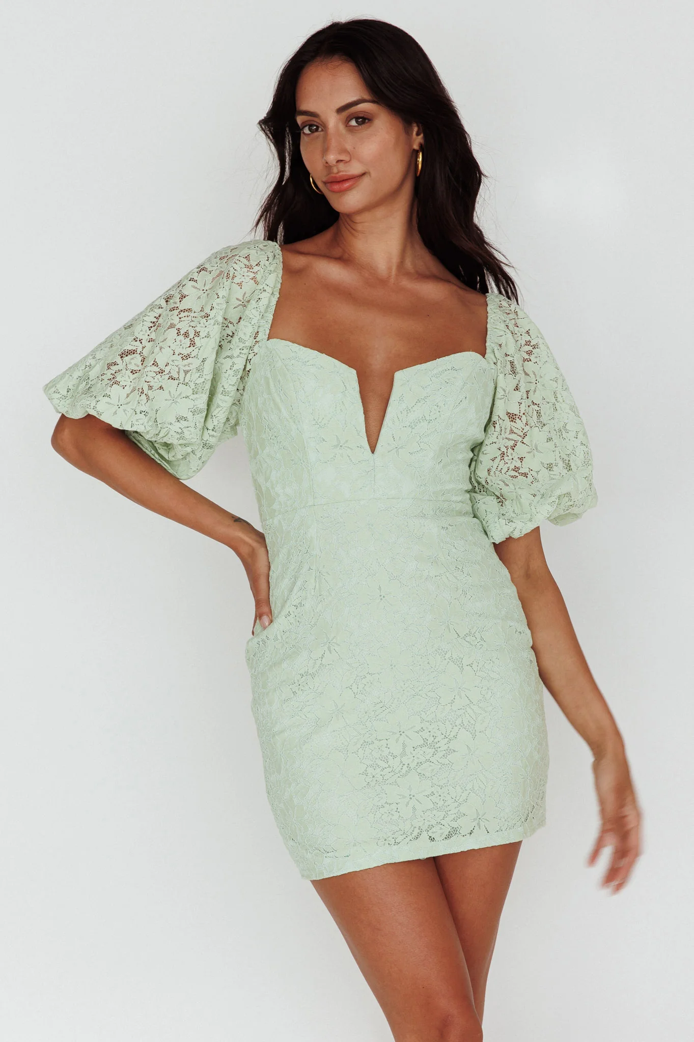 Good Vibes Puff Sleeve Deep V-Neckline Lace Mini Dress Sage - Sonourner