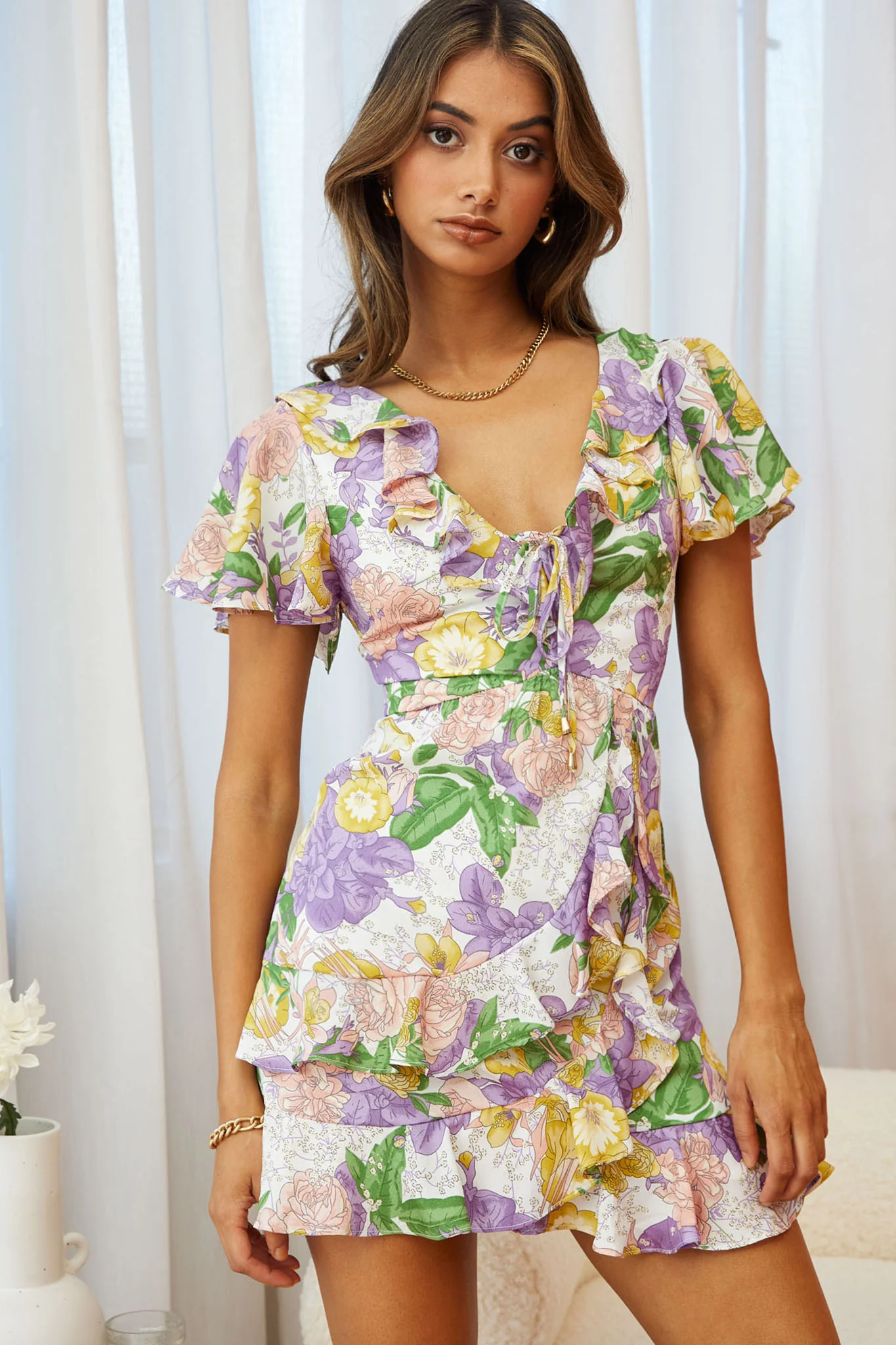 Kalina Ruffle Neckline Flutter Sleeve Mini Dress Floral Print Purple - Sonourner
