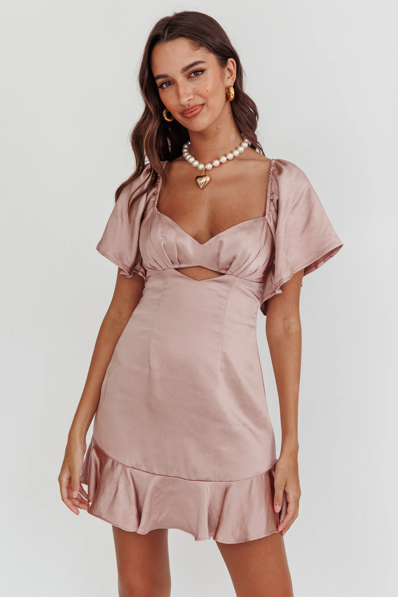 Eyes On You Pleated Bust Angel Sleeve Ruffle Hem Dress Blush - Sonourner