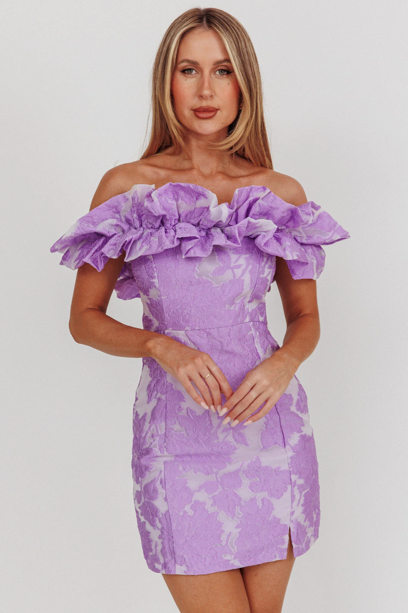 Memoire Off-Shoulder Jacquard Mini Dress Lilac - Sonourner