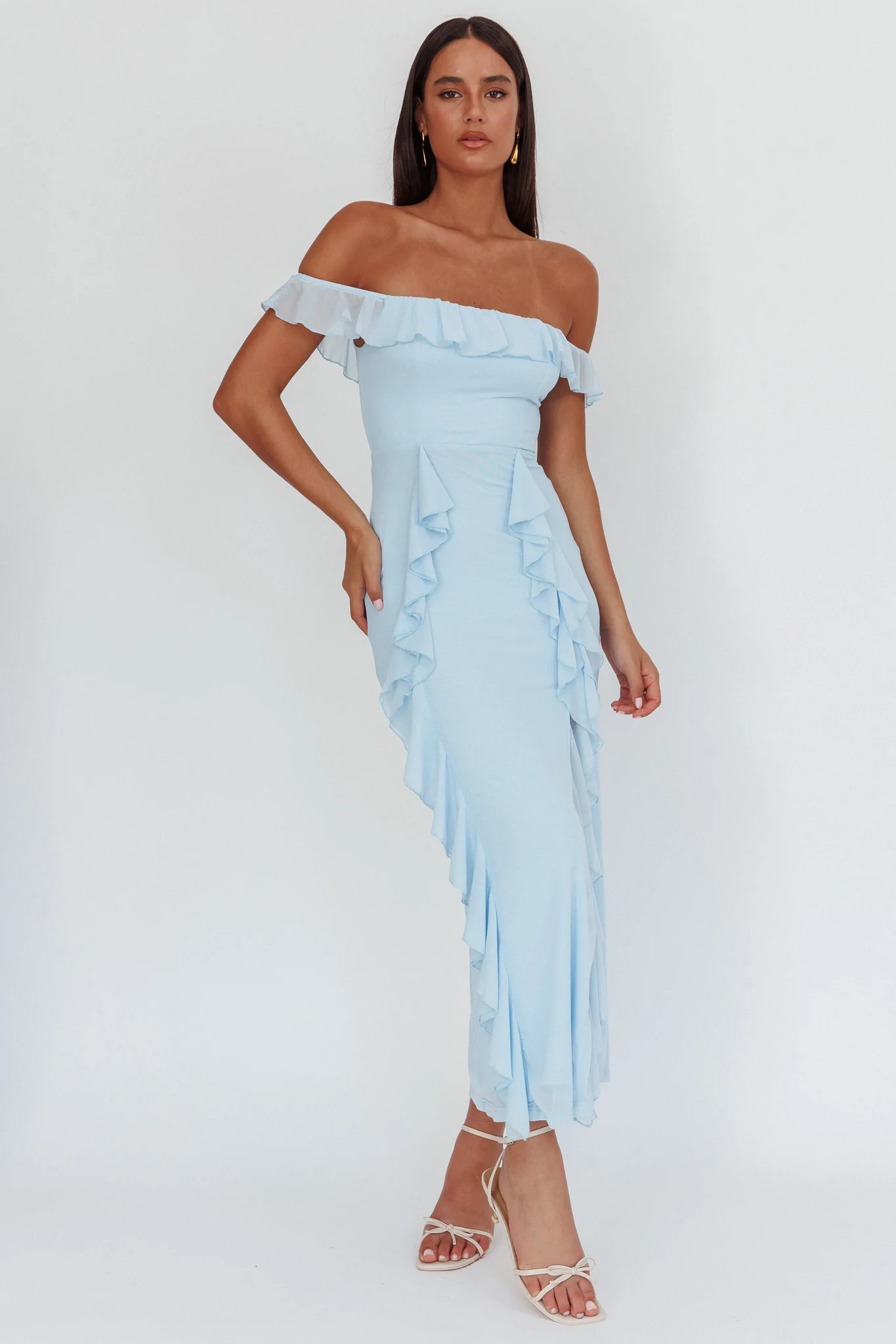 Flamenco Off-Shoulder Ruffle Maxi Dress Blue - Sonourner