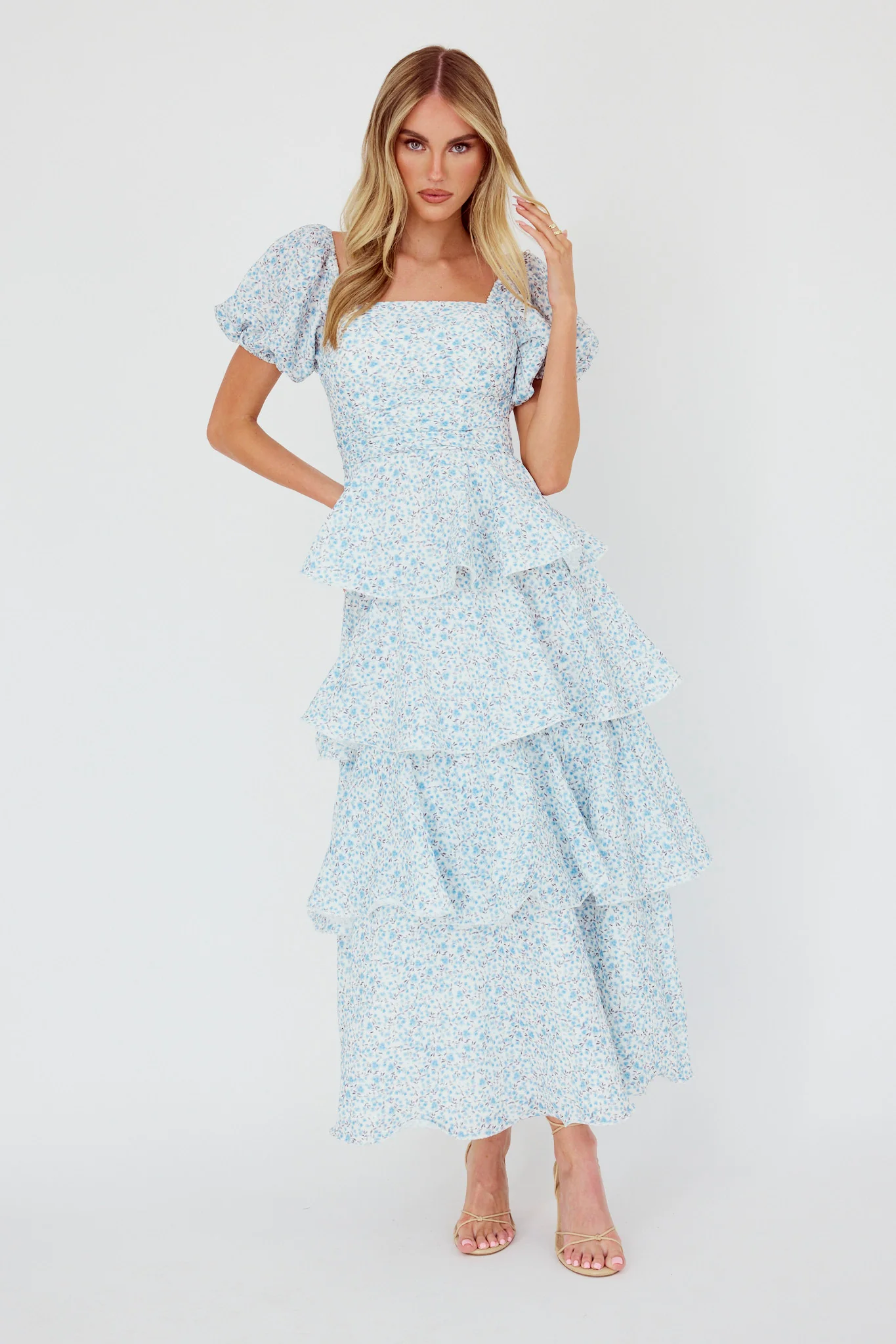 Giavana Puff Sleeve Layered Maxi Dress Floral Blue - Sonourner