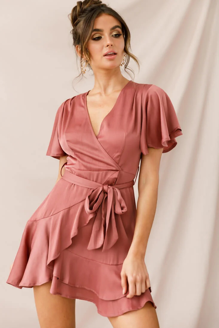 Cami Angel Sleeve Faux Wrap Dress Rose - Sonourner