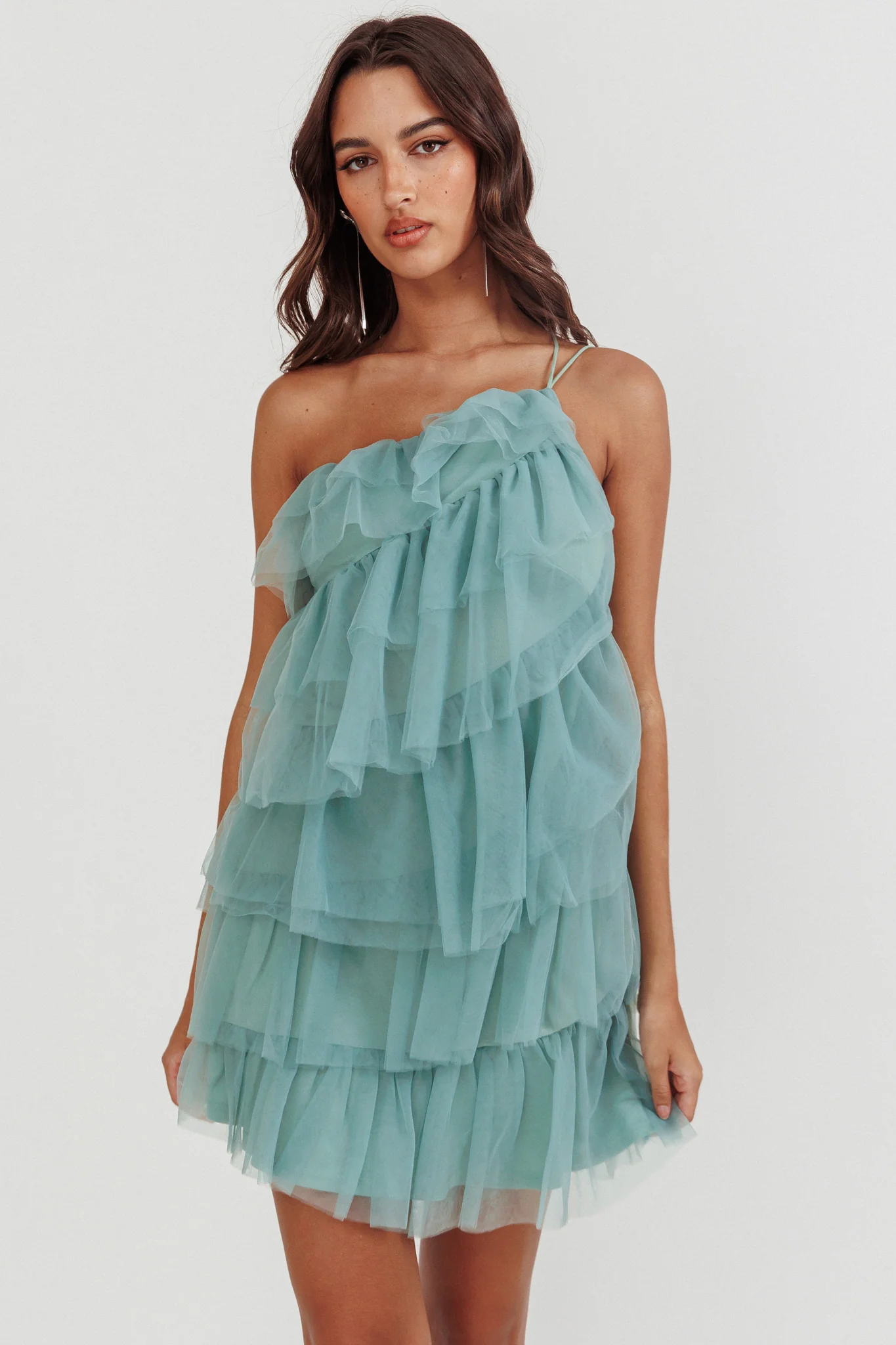 Arrabel Tiered Ruffle Mesh Mini Dress Sage - Sonourner
