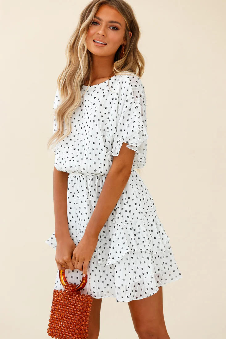 Mollina Frill Sleeve Layered Hem Dress Spot Print White - Sonourner