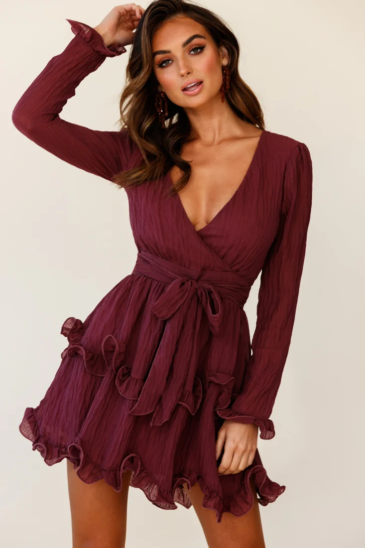 Greta Tiered Ruffle Chiffon Dress Wine - Sonourner