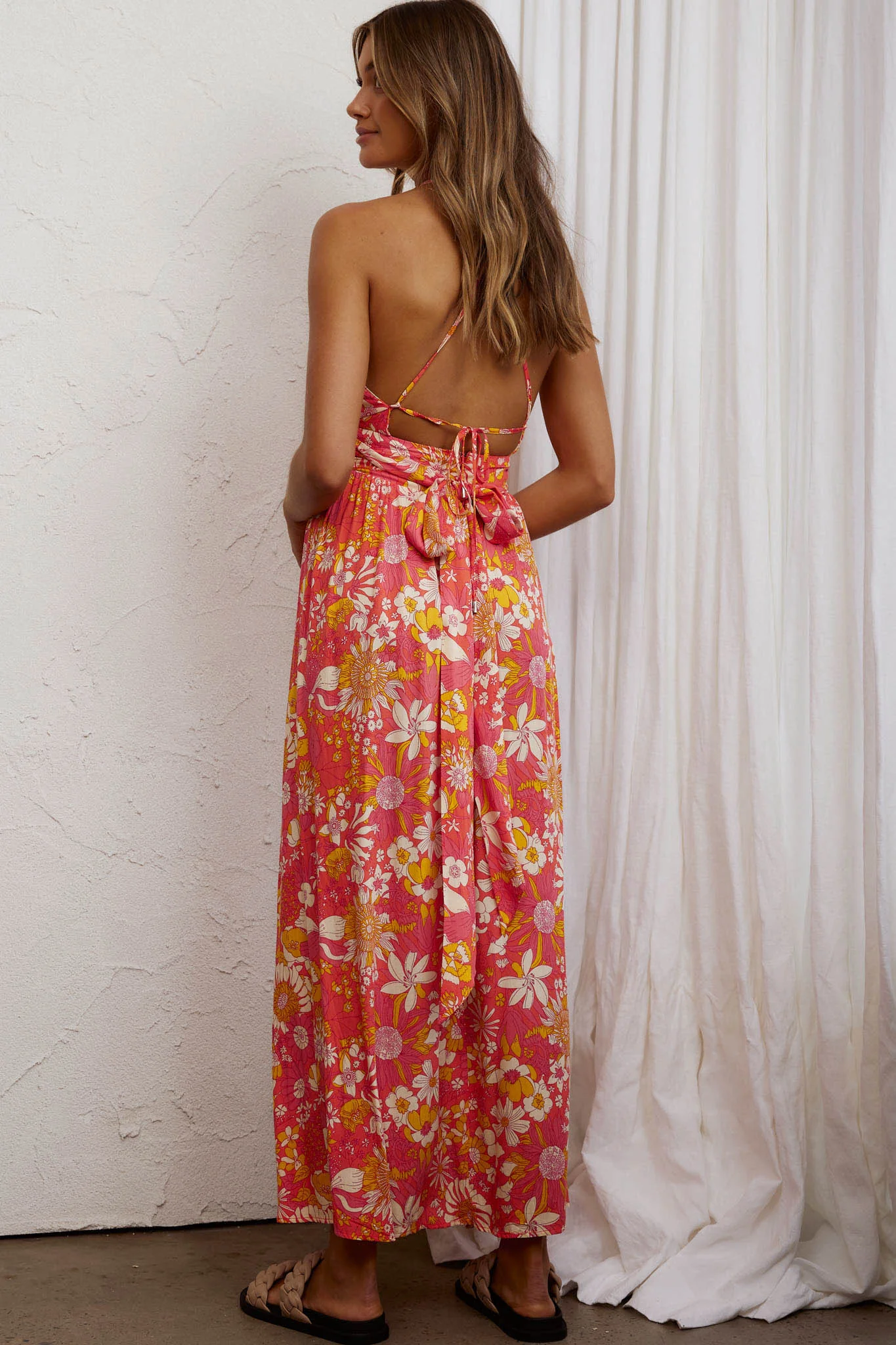 Athena High Split Maxi Dress Retro Floral Orange - Sonourner