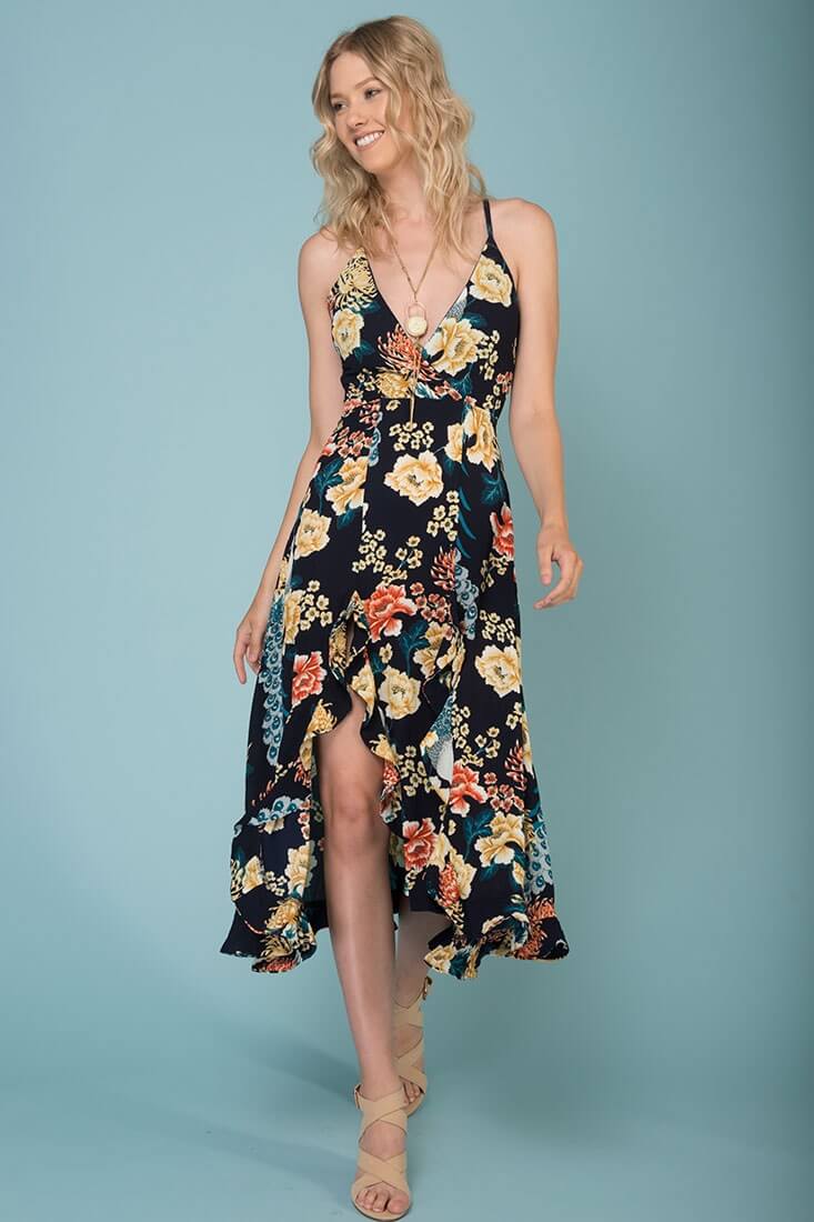 Adalynn Hi Low Deep V Floral Midi Dress Navy - Sonourner