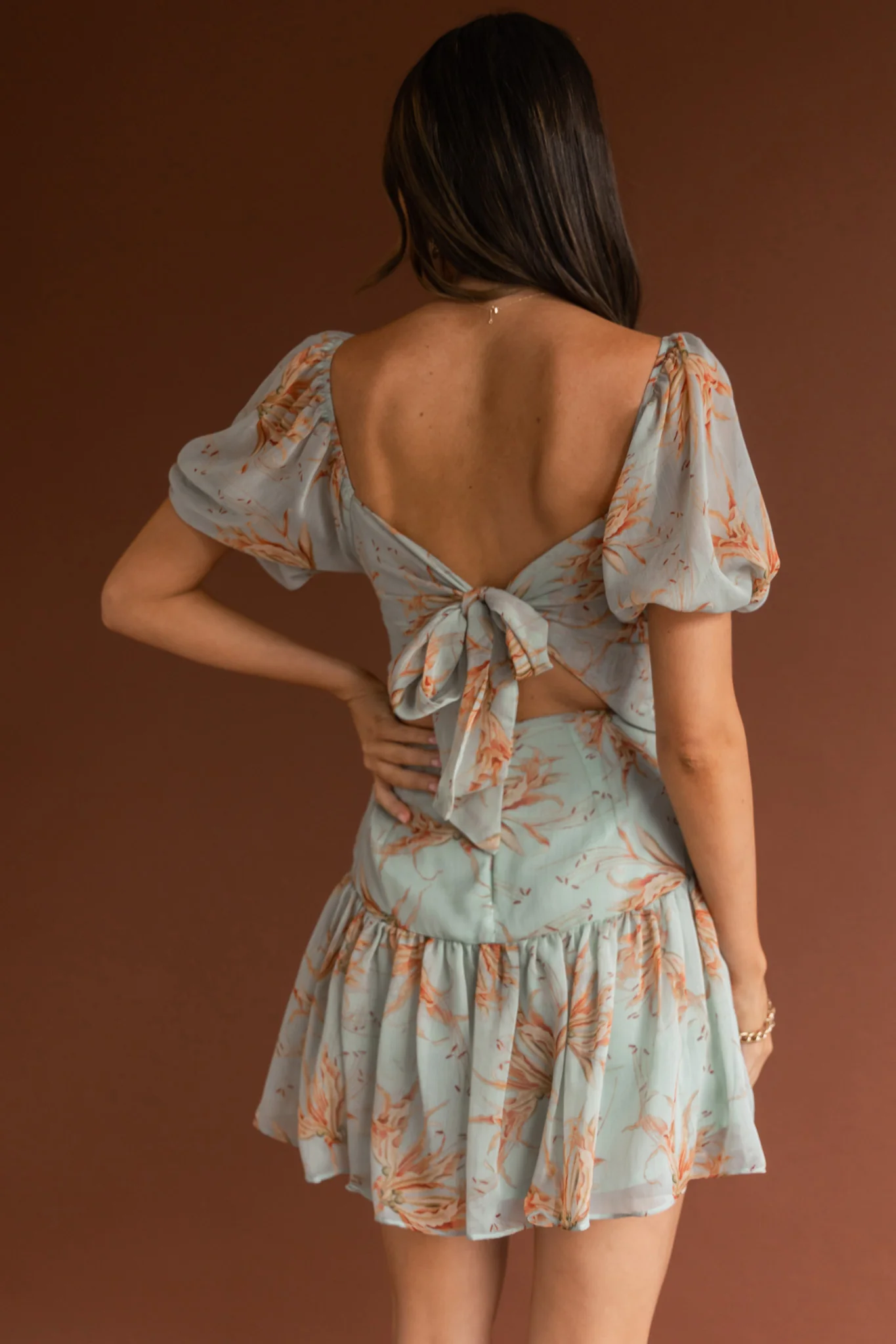 Devoted Structured Bust Puff Sleeve Dress Lily Print Pistachio - Sonourner