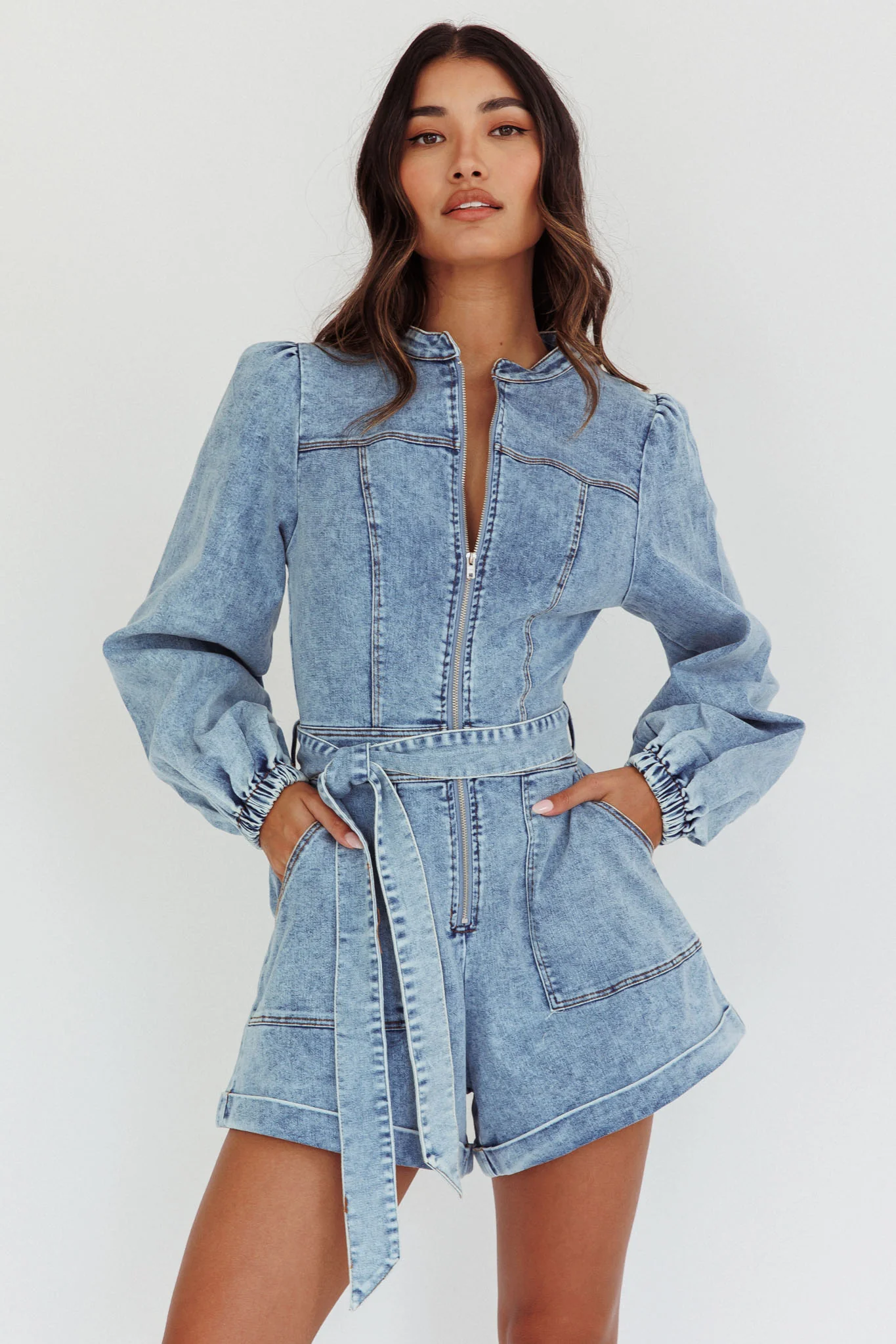 Real World Zip Front Romper Denim Blue - Sonourner