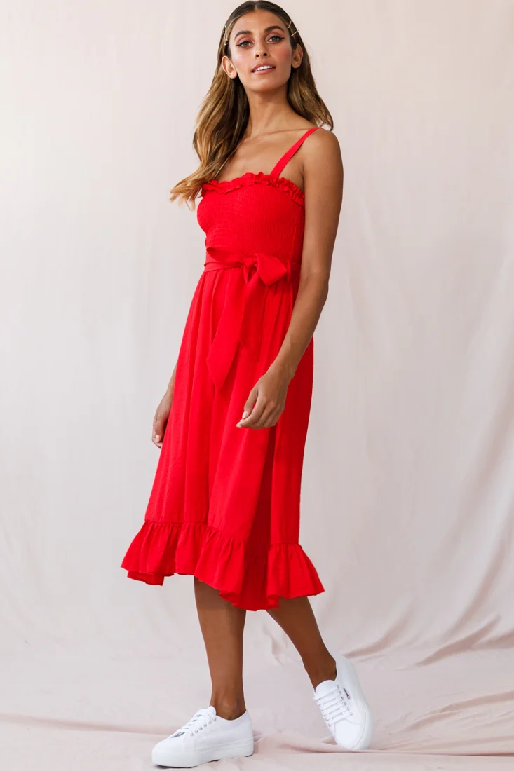Honey Shirred Frill Midi Dress Red - Sonourner