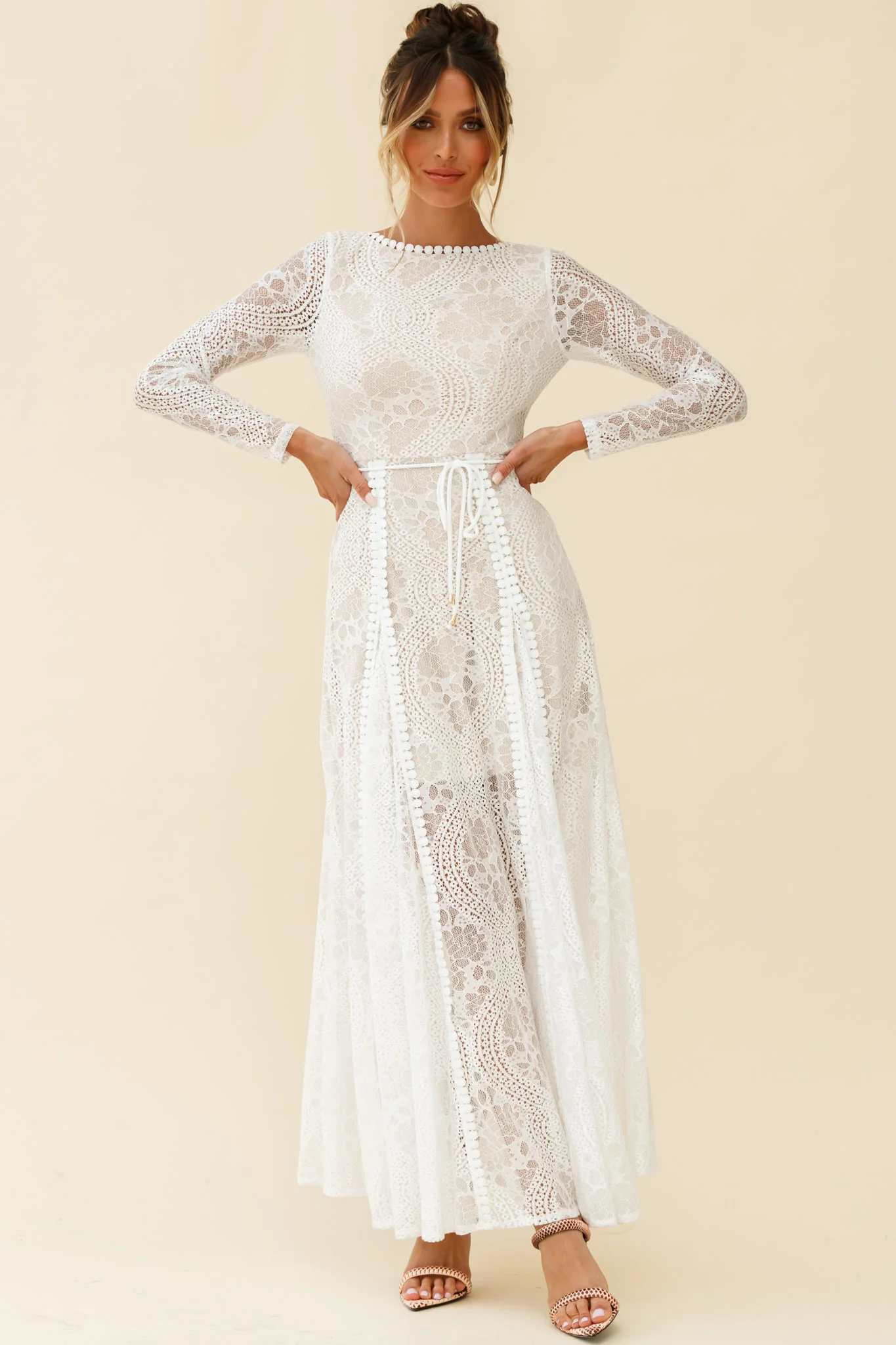 Palm Springs Long Sleeve Lace Overlay Maxi Dress White - Sonourner