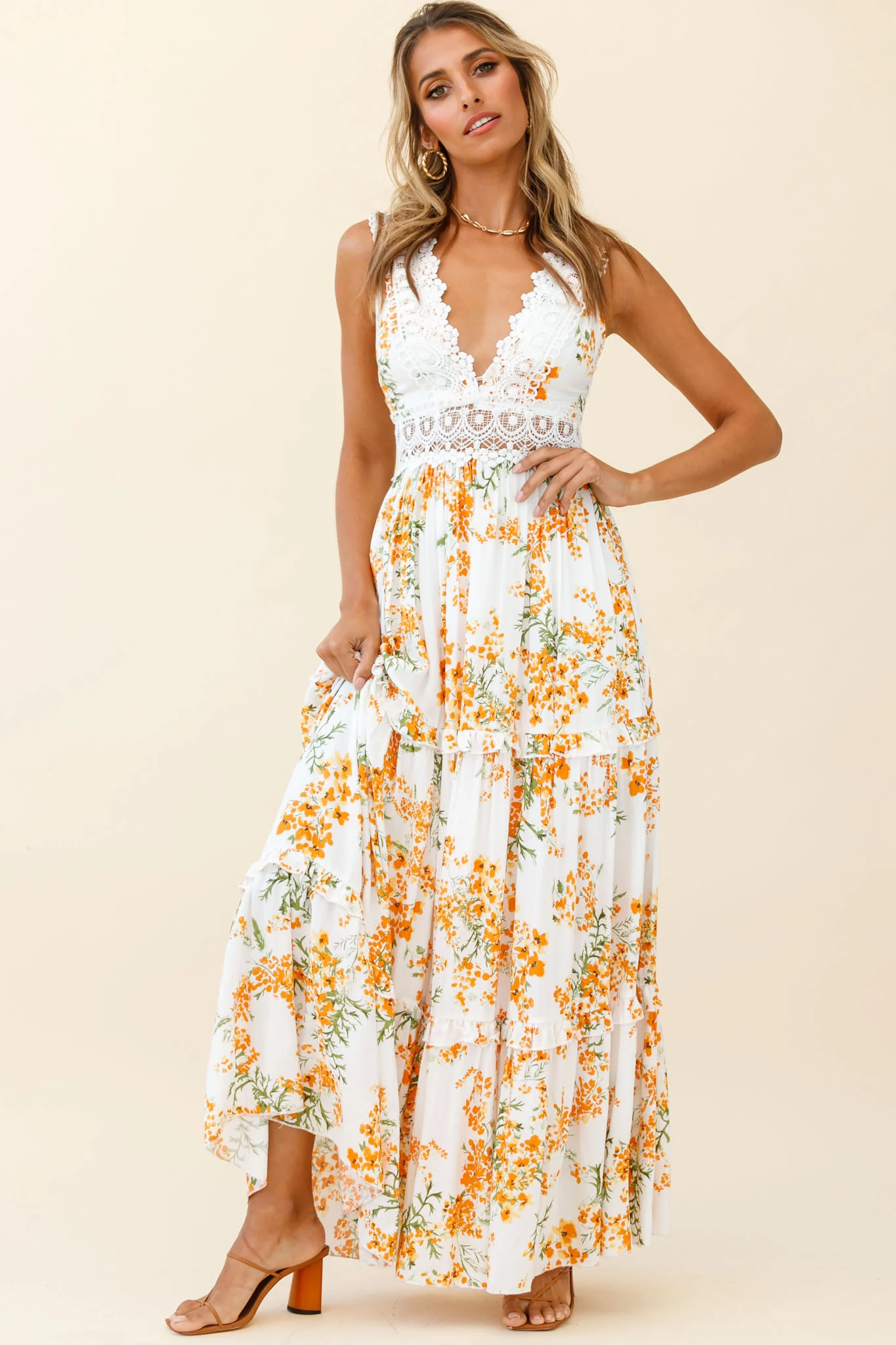 Indio Crochet Insert Deep V-Neckline Maxi Dress Floral Print White/Orange - Sonourner