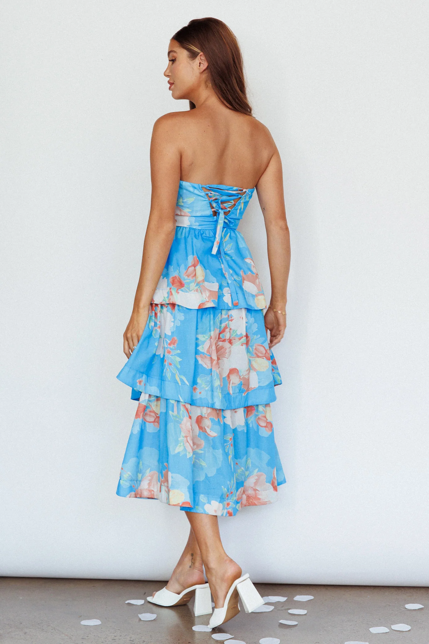 Outshine Strapless Tiered Midi Dress Floral Blue - Sonourner