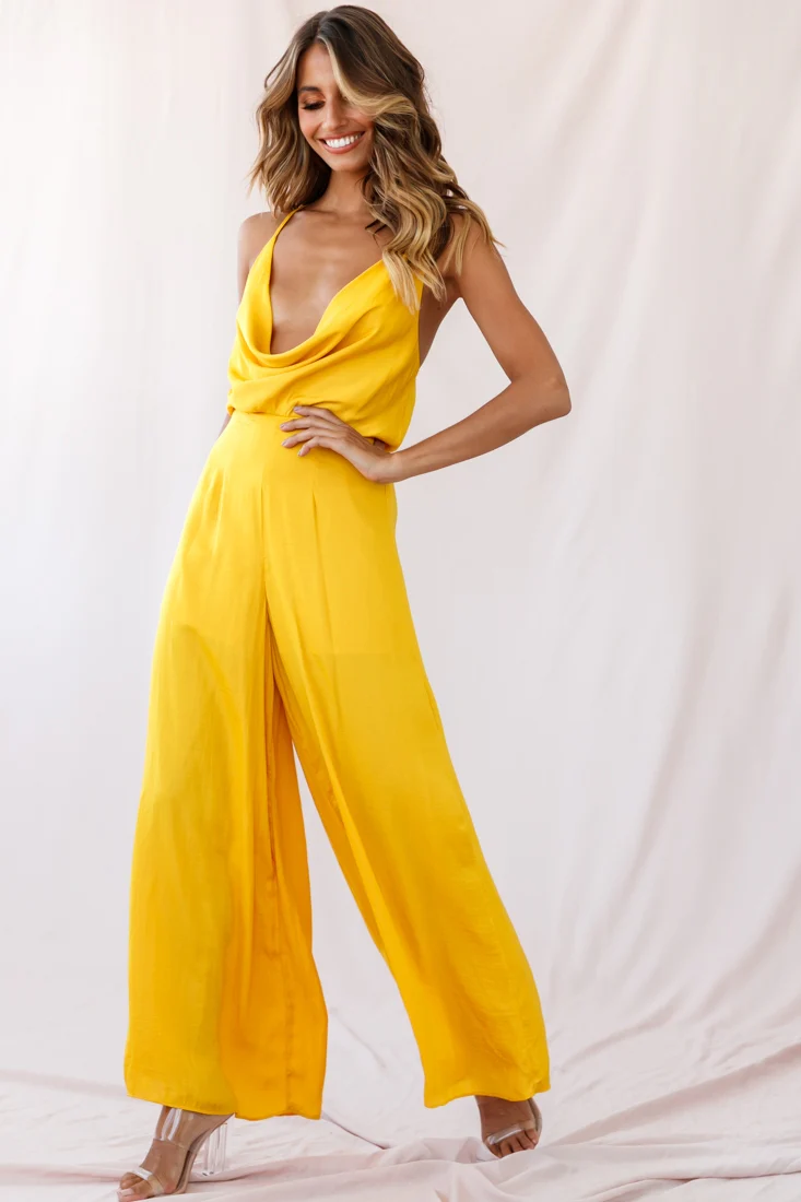 Jaclyn Wide-Leg Cowl Neck Jumpsuit Mustard - Sonourner
