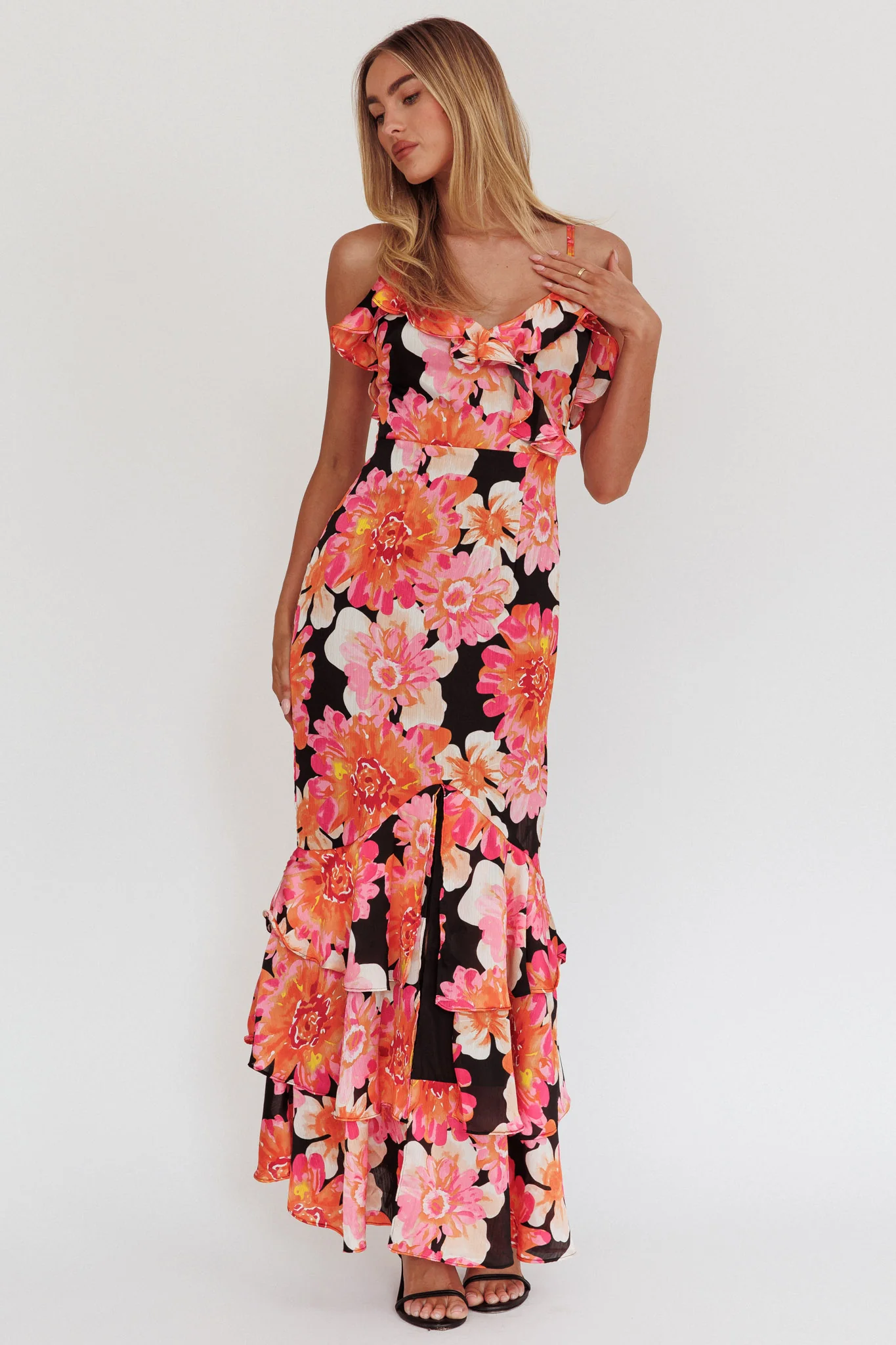 Silvana Frill Trim Maxi Dress Black/Pink - Sonourner