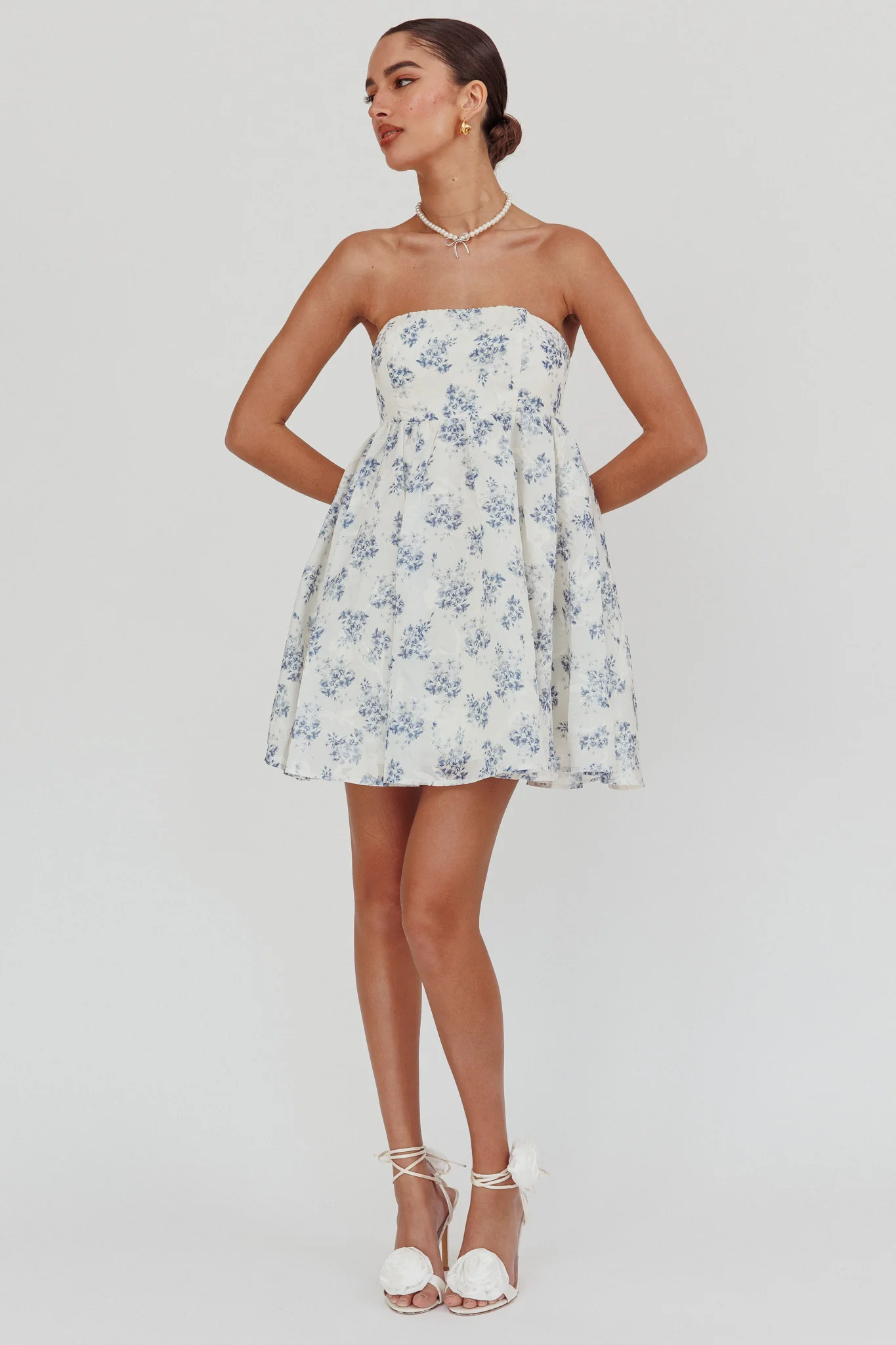 Vitoria Strapless Babydoll Dress Floral Blue - Sonourner