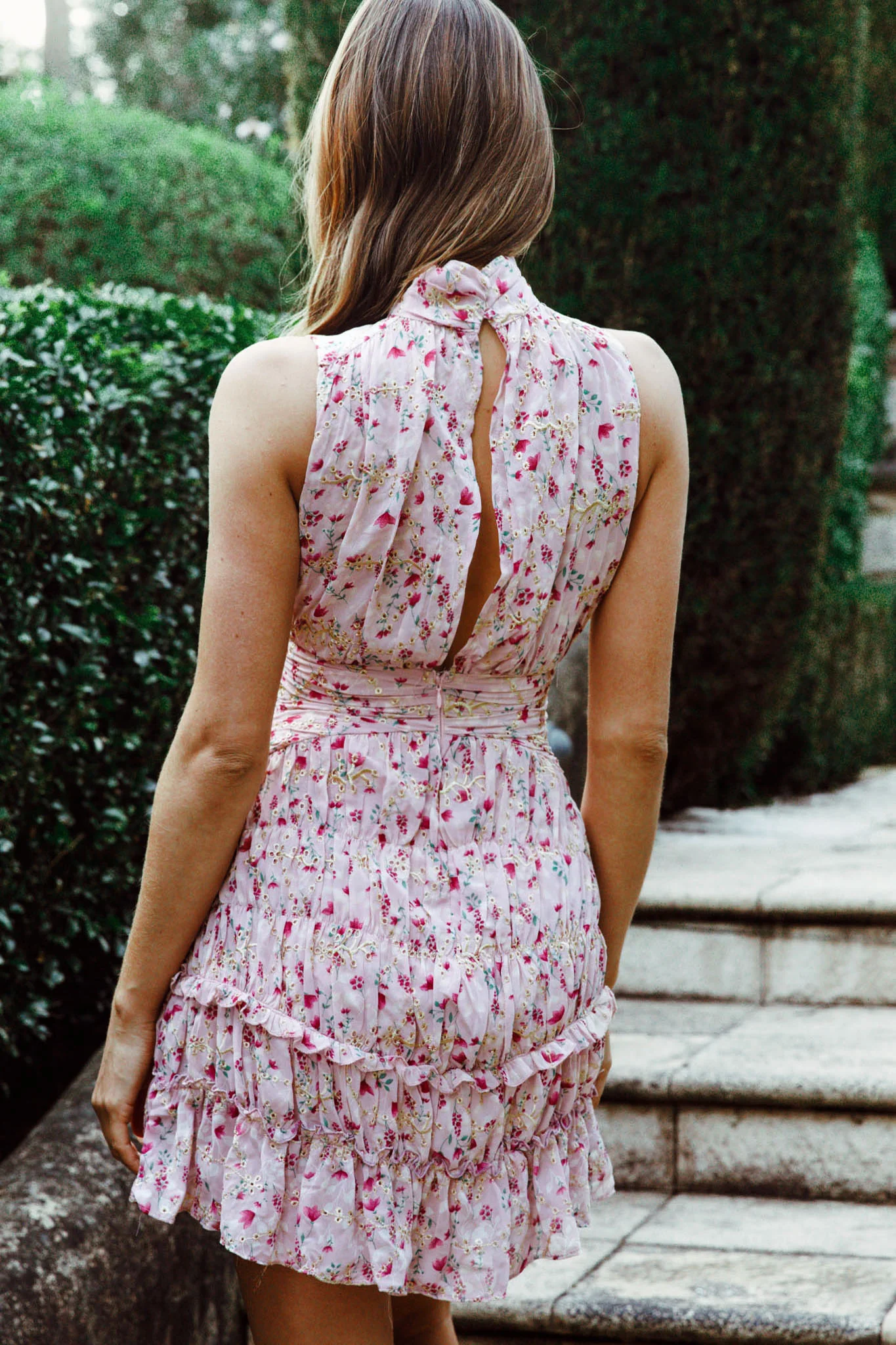 Mandalay High Neck Sleeveless Waistband Dress Floral Print Pink - Sonourner