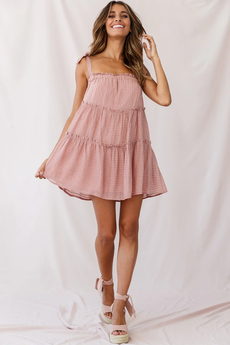Dolly Layered Ruffle Tied Shoulder Strap Dress Rose - Sonourner
