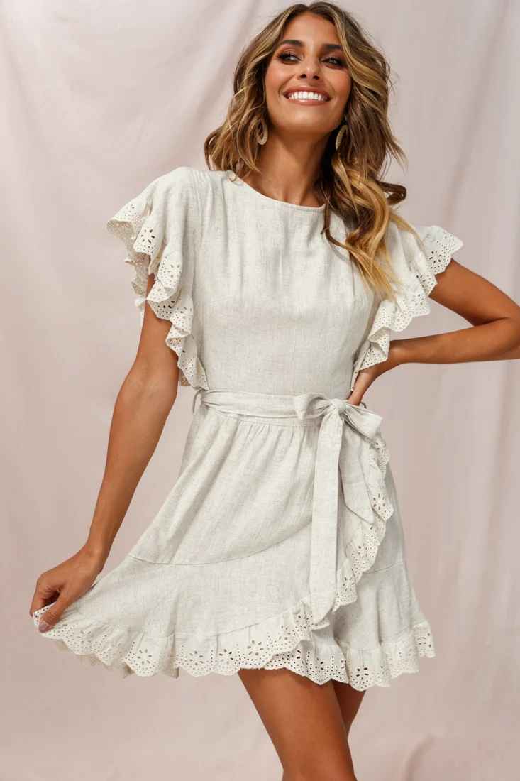 Taya Ruffle Shoulder Waist Tie Dress Beige - Sonourner