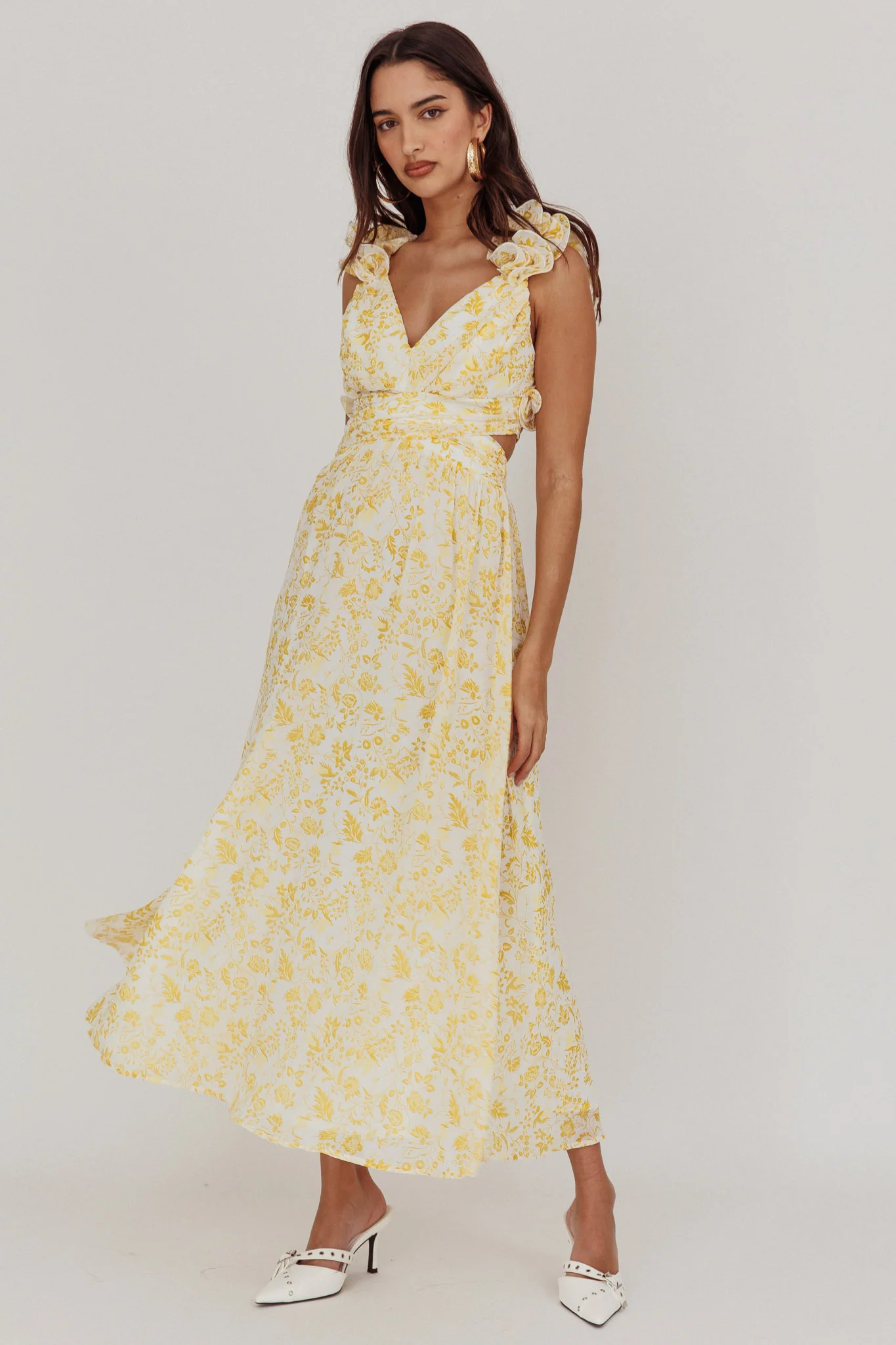Madara Lace-Up Back Maxi Dress Floral Yellow - Sonourner