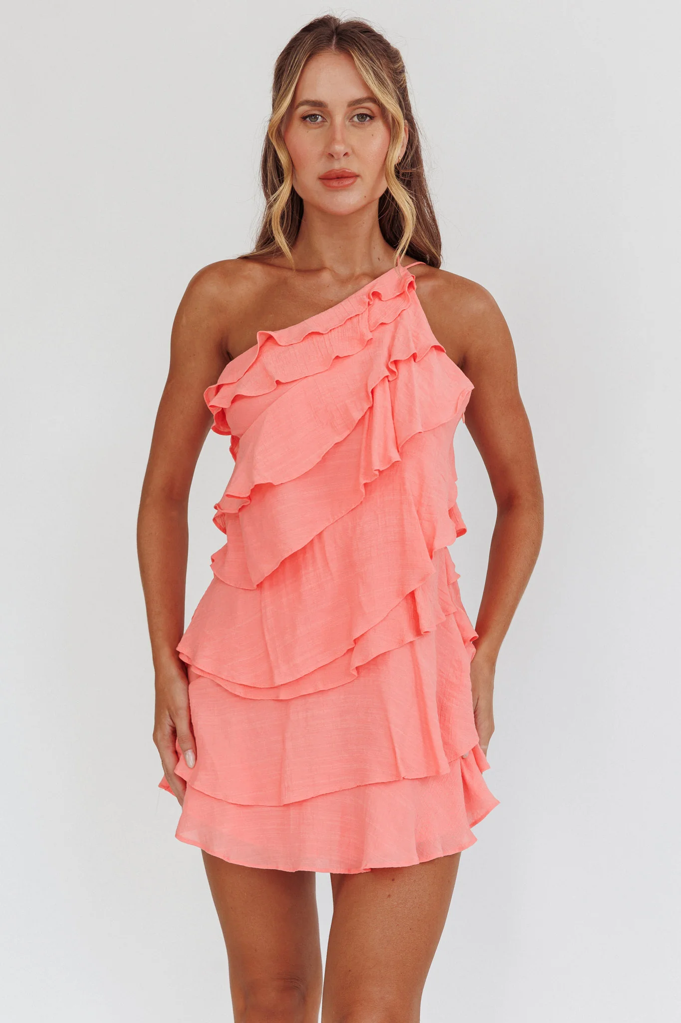 Arrabel Tiered Ruffle Mini Dress Peach - Sonourner