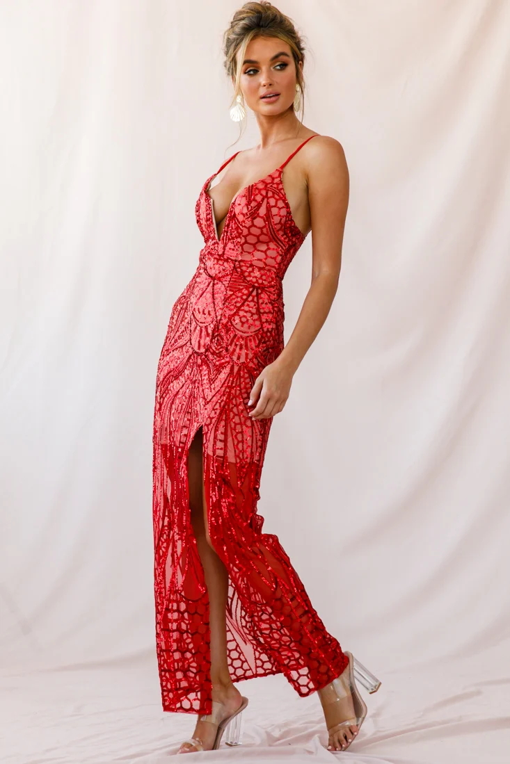 Miya Sequin Overlay Plunging Neckline Dress Red - Sonourner