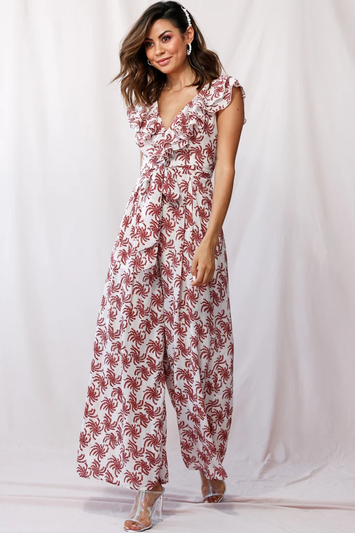 Marcia Ruffle Strap Wide Leg Jumpsuit Floral Print Beige - Sonourner