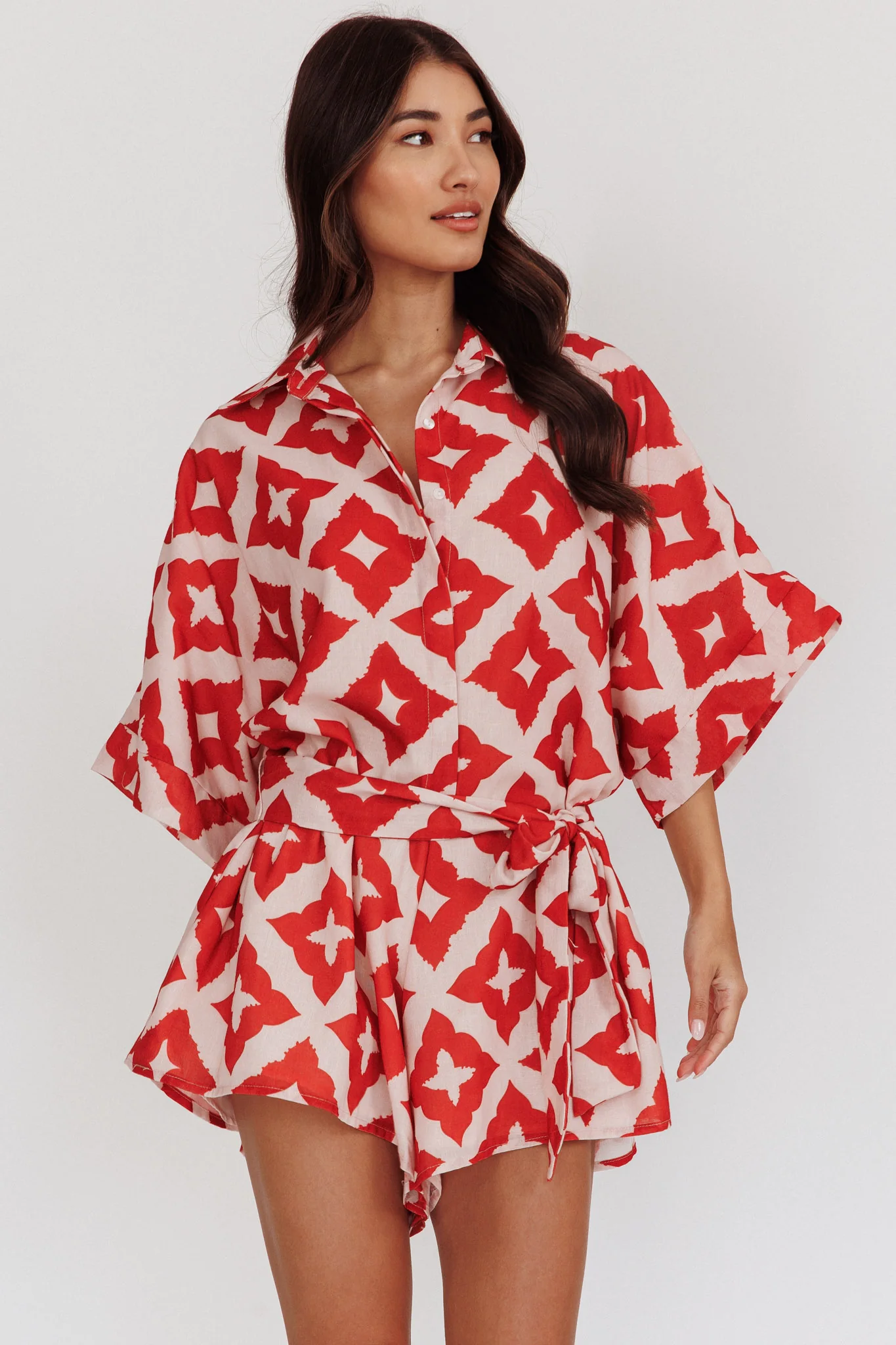 Daytona Beach Button-Up Romper Print Burgundy - Sonourner