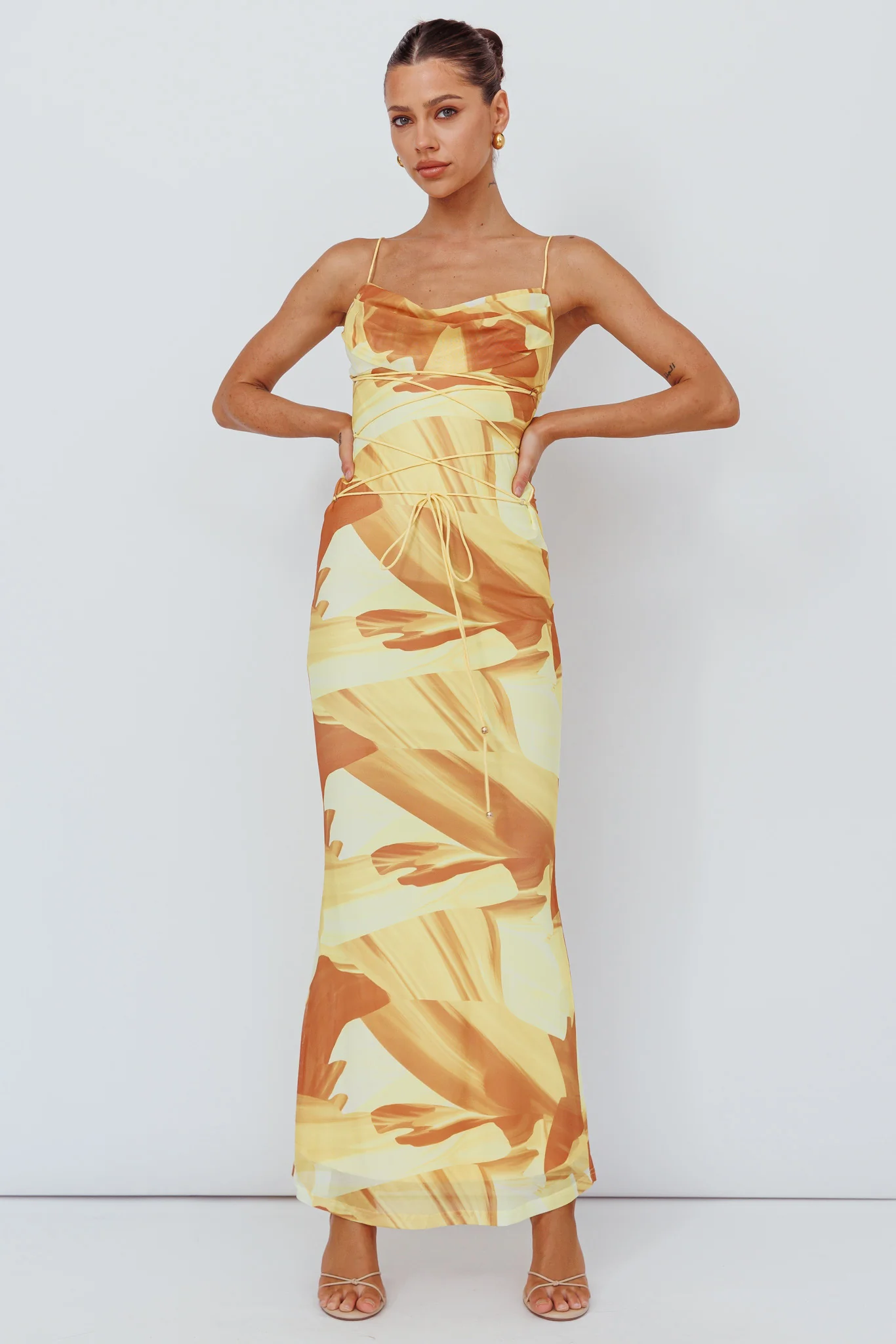 Teava Laced Waist Maxi Dress Abstract Yellow - Sonourner