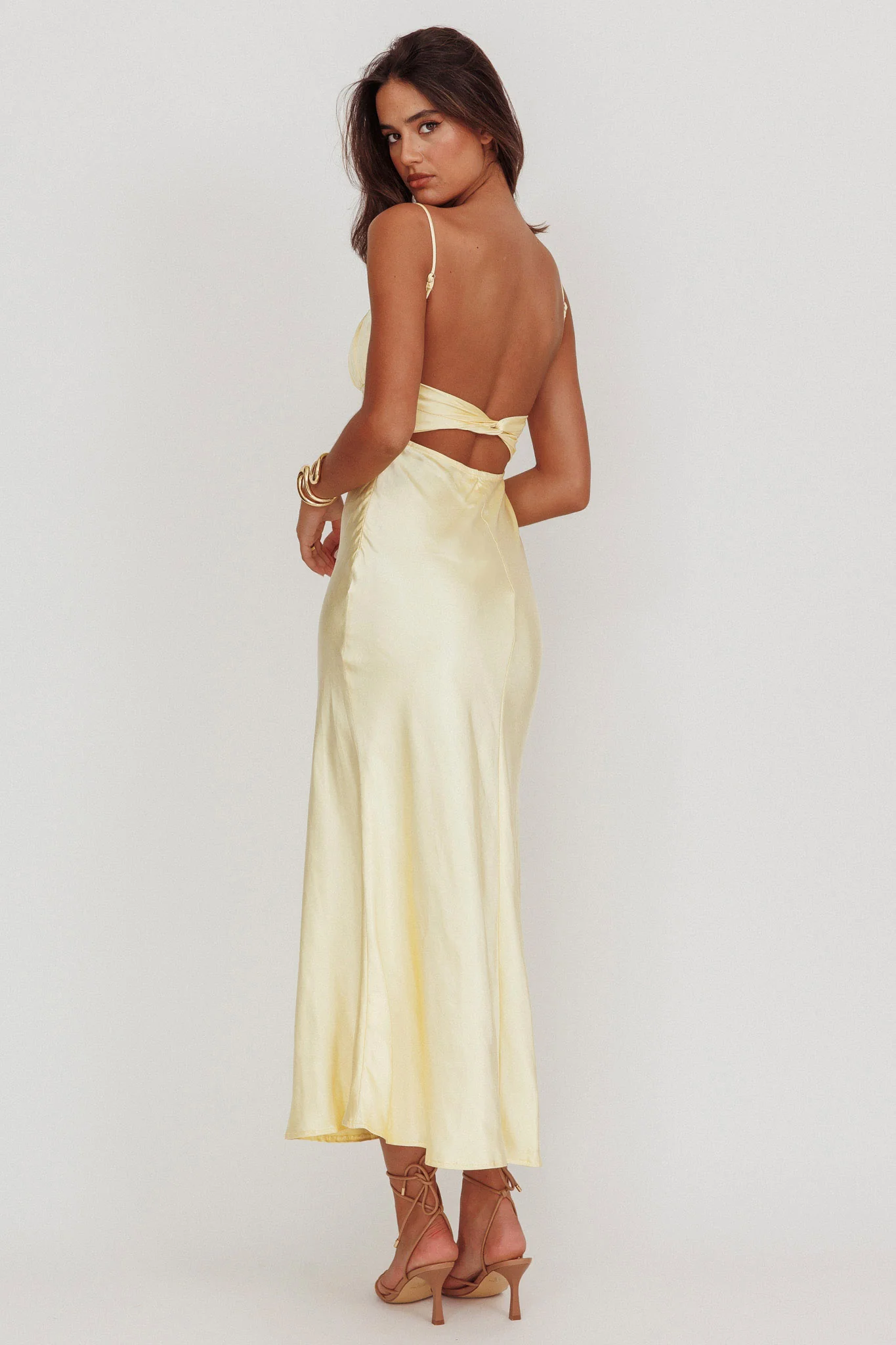 Nerida Twist Back Satin Maxi Dress Lemon - Sonourner