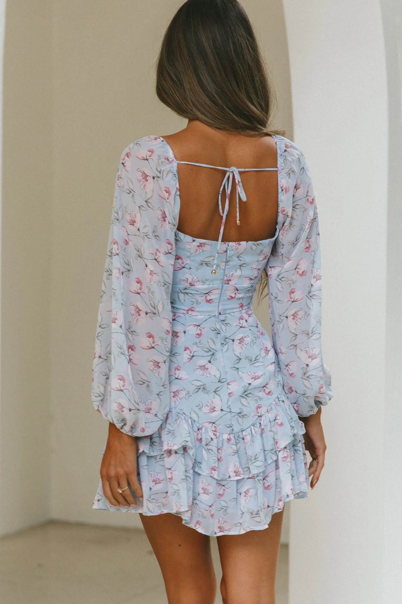 Dearly Beloved Balloon Sleeve Layered Frill Hem Dress Flower Print Blue - Sonourner