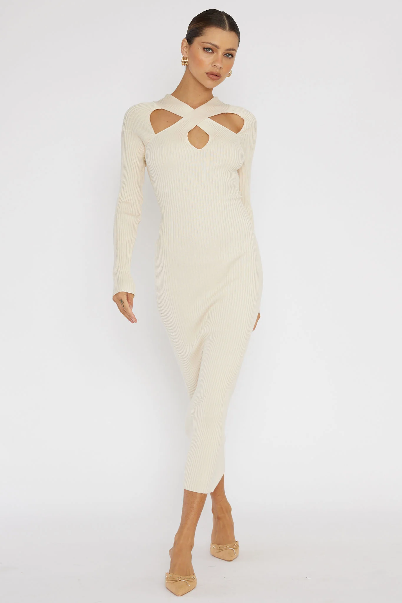 One Mind Cut-Out Neckline Knit Midi Dress Cream - Sonourner
