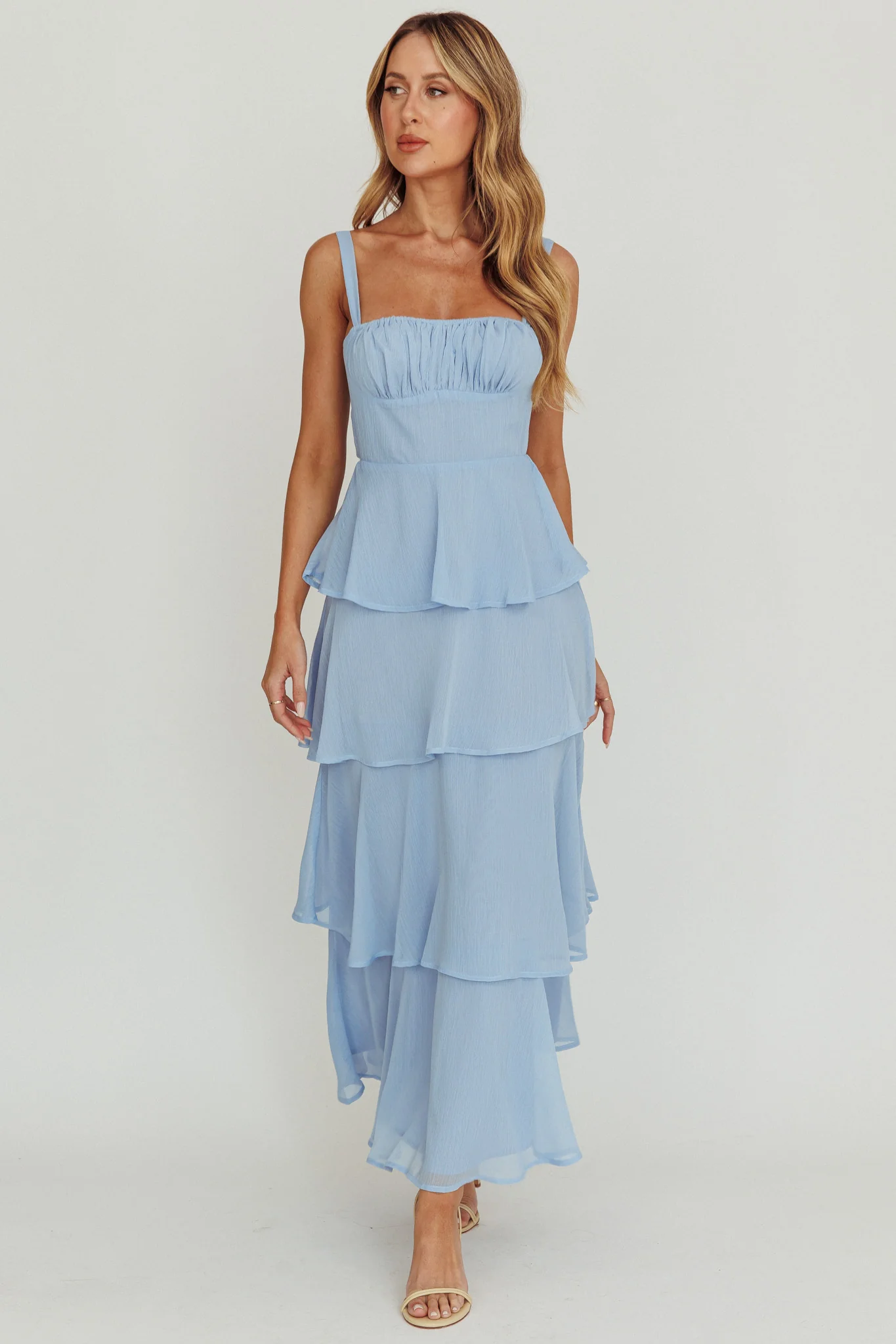 Provence Bloom Tiered Ruffle Maxi Dress Sky Blue - Sonourner