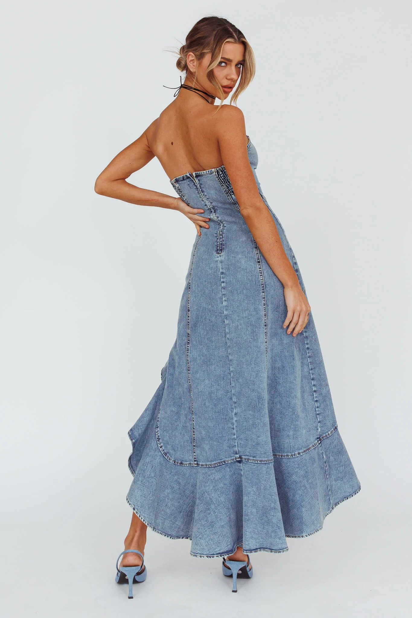 Moon Sweetheart Neckline Ruffle Midi Dress Denim - Sonourner