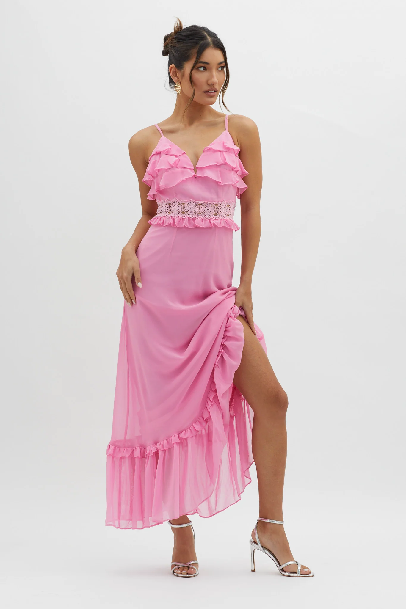 Spirited Ruffle Bust Maxi Dress Pink - Sonourner