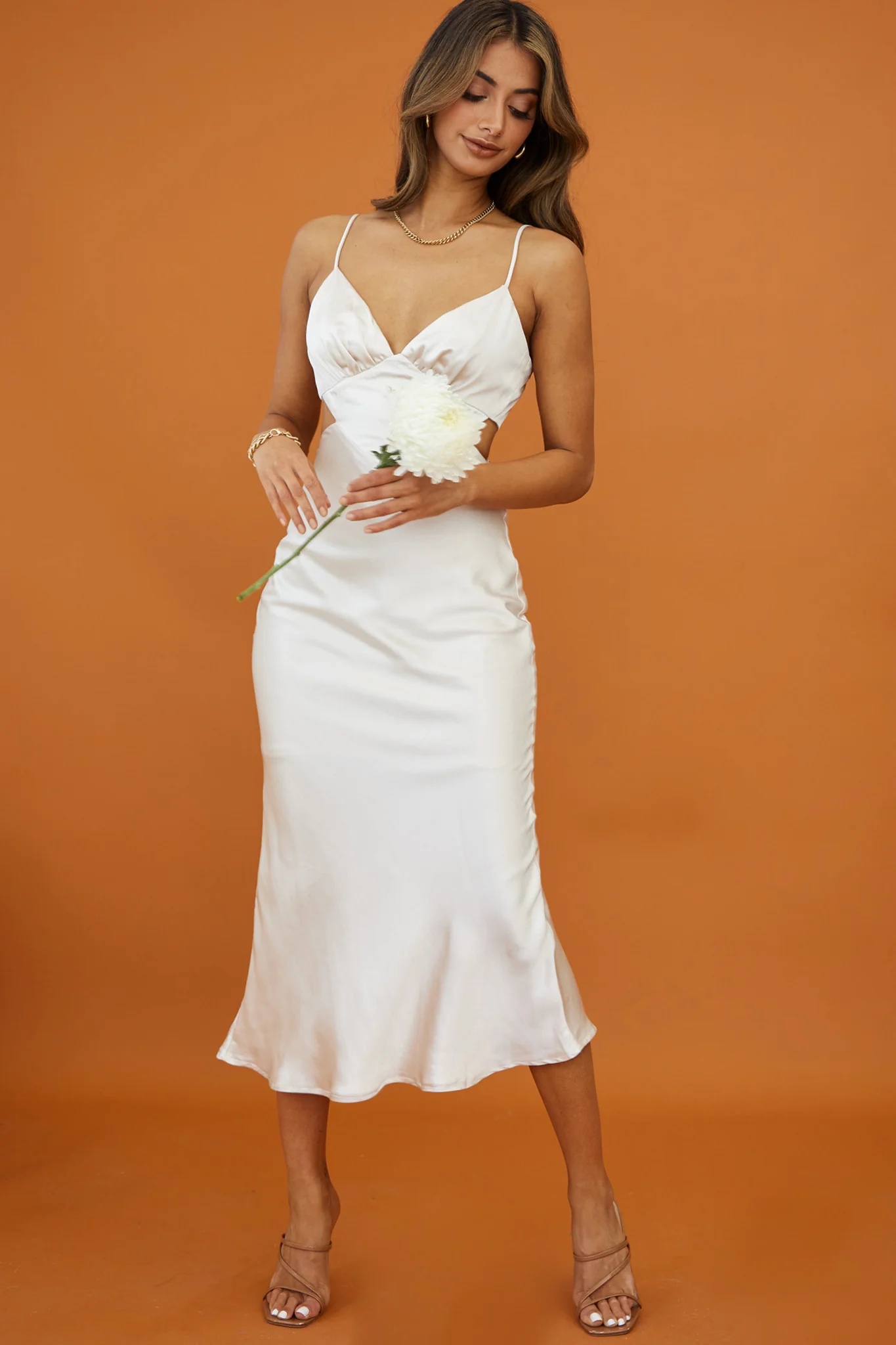 City Lights Cut-Out Waist Strappy Back Midi Dress Champagne - Sonourner