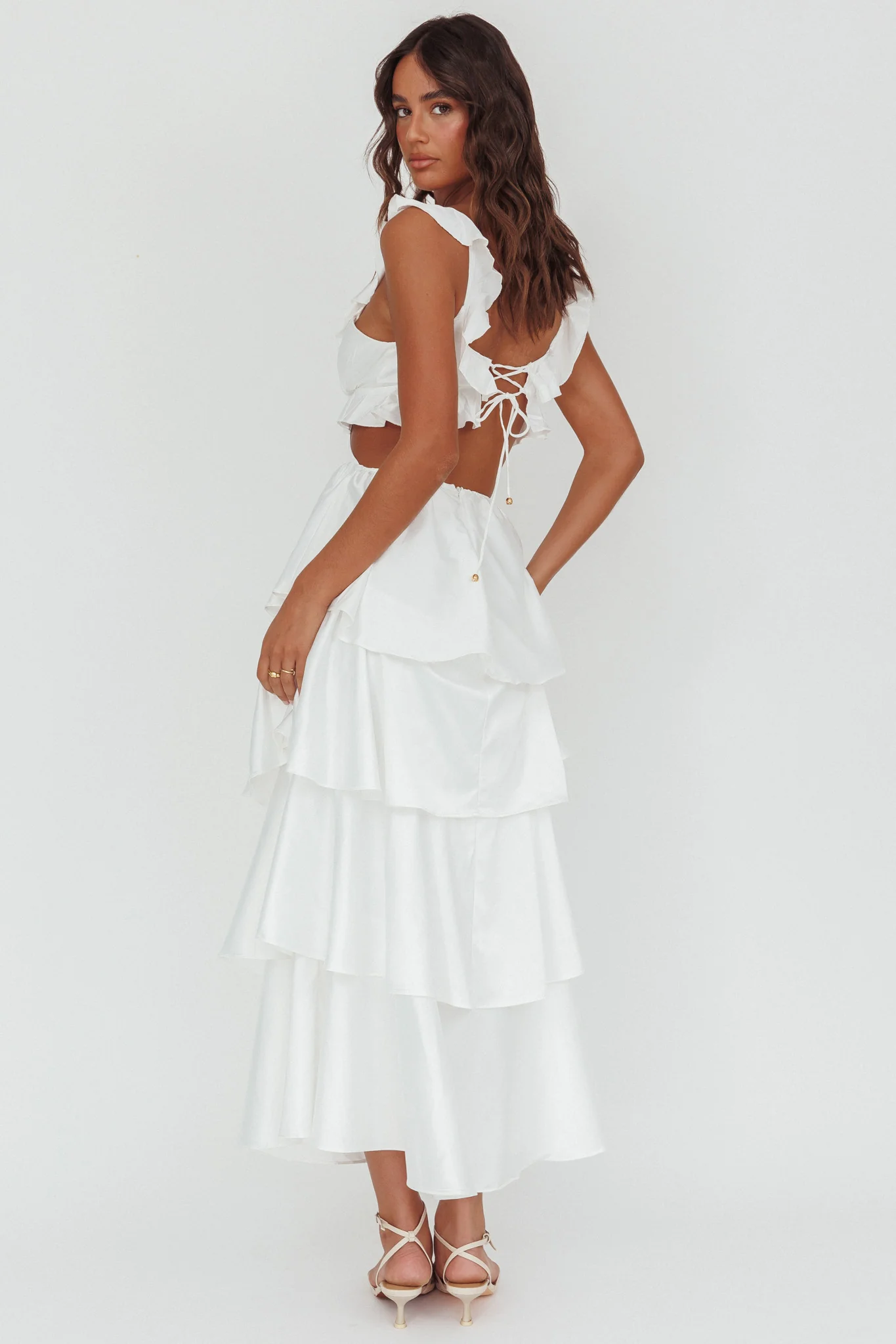 Catalina Tiered Ruffle Cut-Out Maxi Dress White - Sonourner