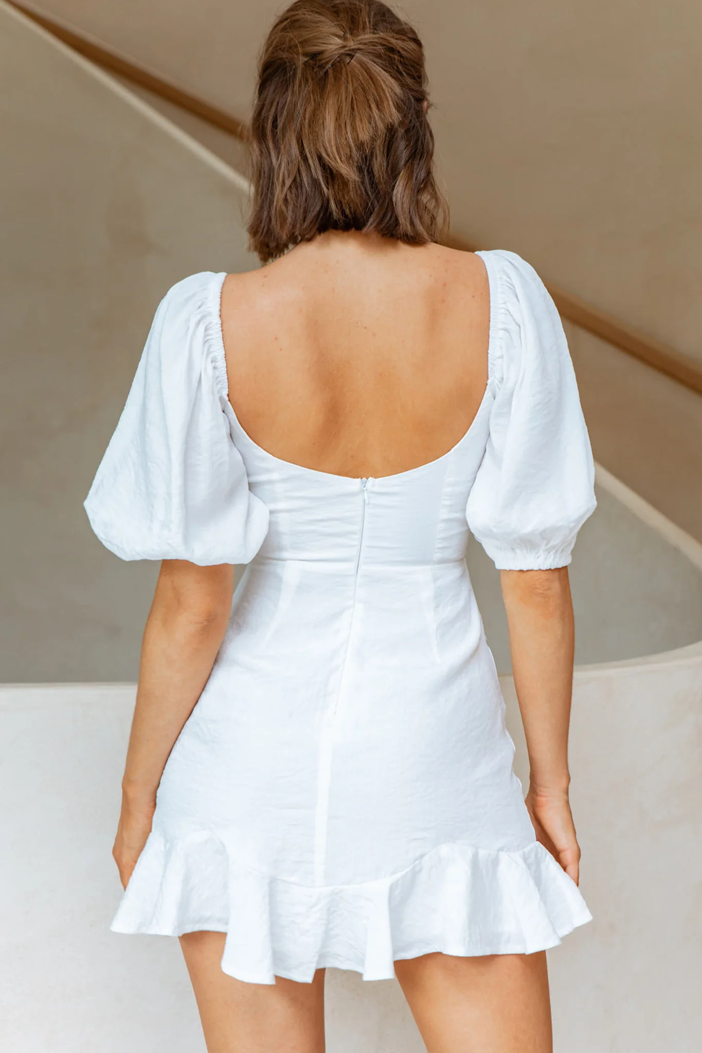 Alma Drawstring Circle Bust Puff Sleeve Mini Dress White - Sonourner