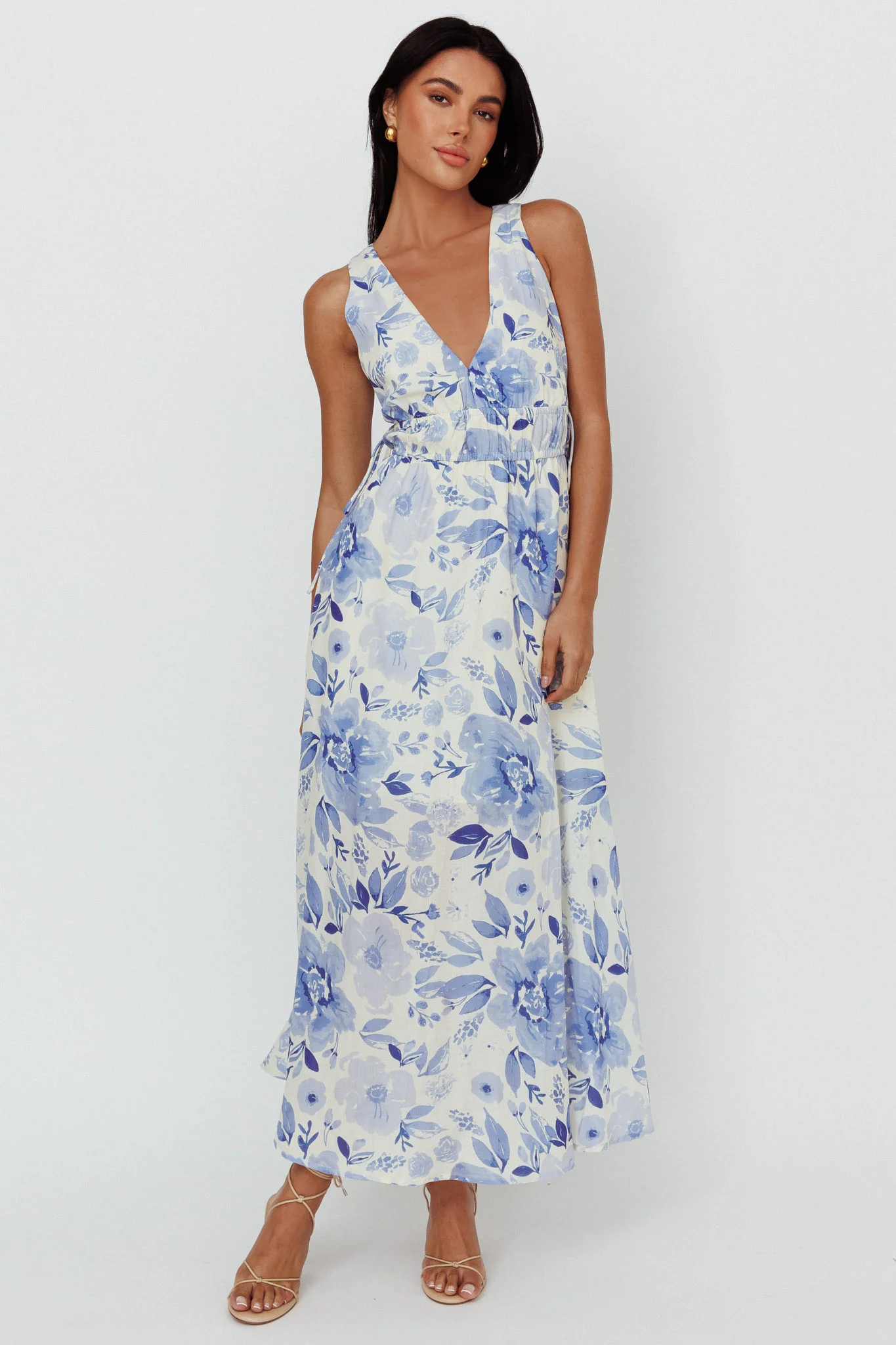 Perla V-Neck Drawstring Maxi Dress Floral Blue - Sonourner