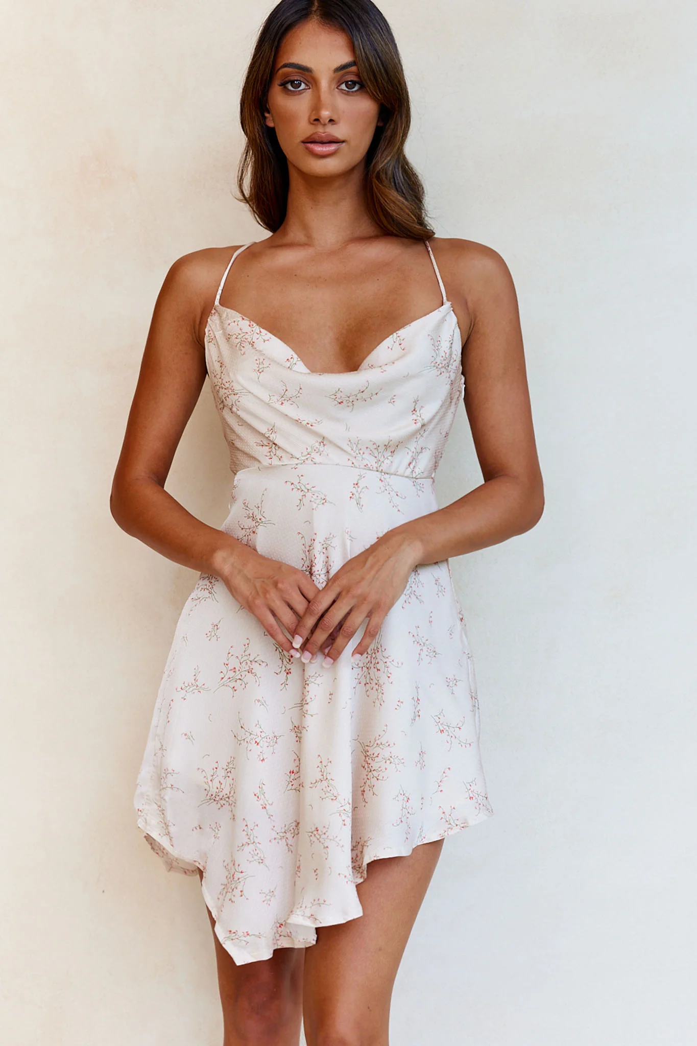 Angel Eyes Cowl Neck Asymmetrical Hem Mini Dress Floral Print Champagne - Sonourner