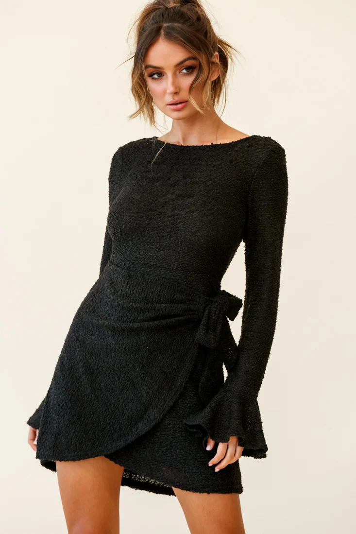 Minerva Flared Cuff Knit Wrap Dress Black - Sonourner