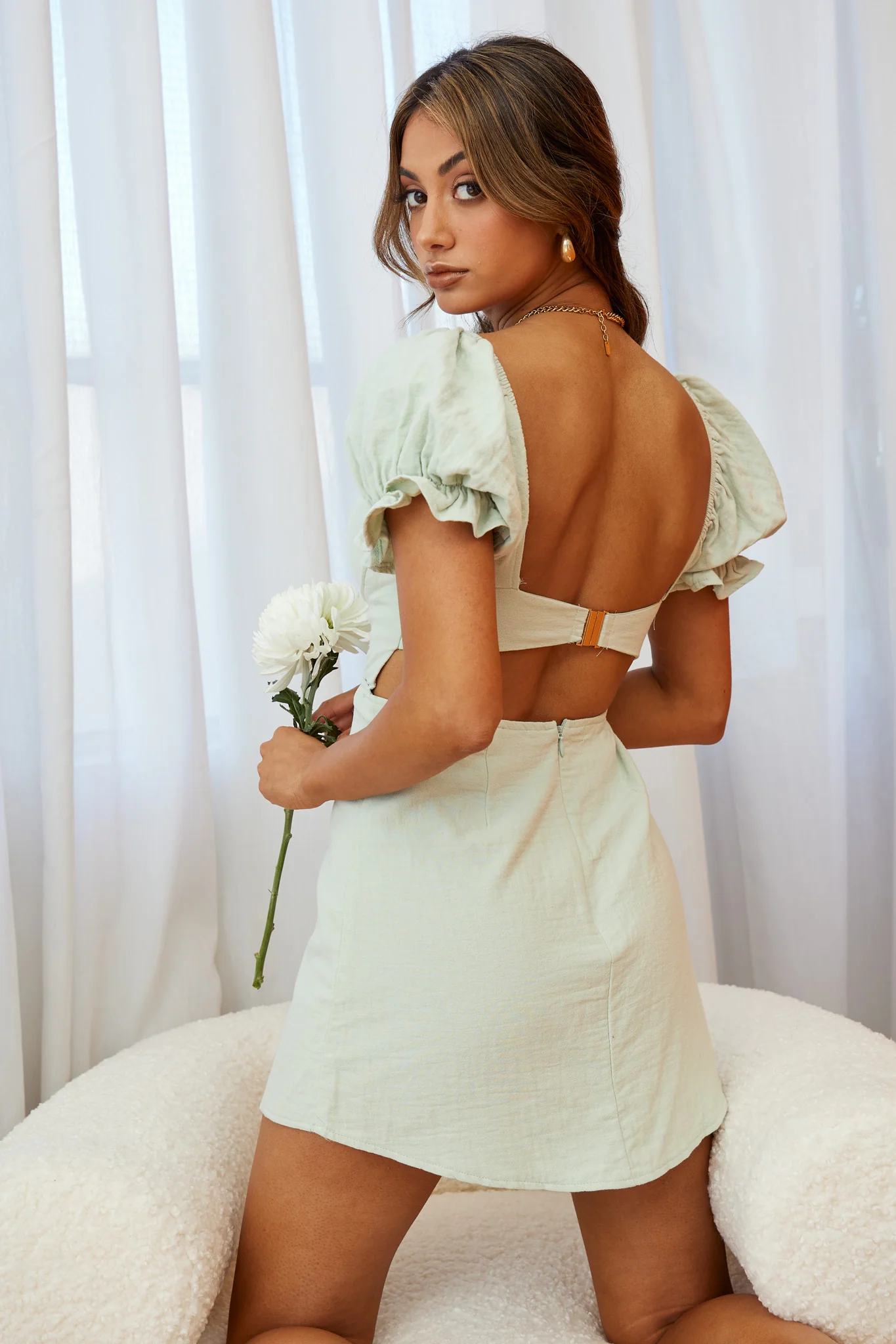 Norma Jean Puff Sleeve Piping Trim Mini Dress Sage - Sonourner