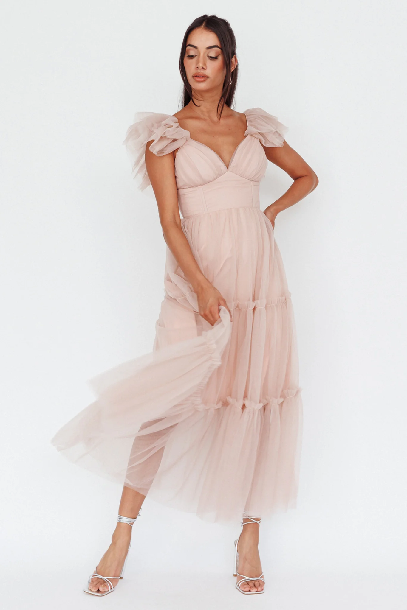 Amal Ruffle Shoulder Tulle Midi Dress Nude - Sonourner