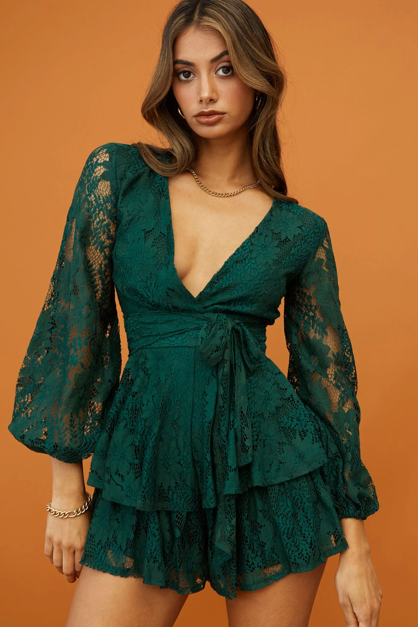 Maddox Fit & Flare Long Sleeve Romper Floral Lace Forest Green - Sonourner