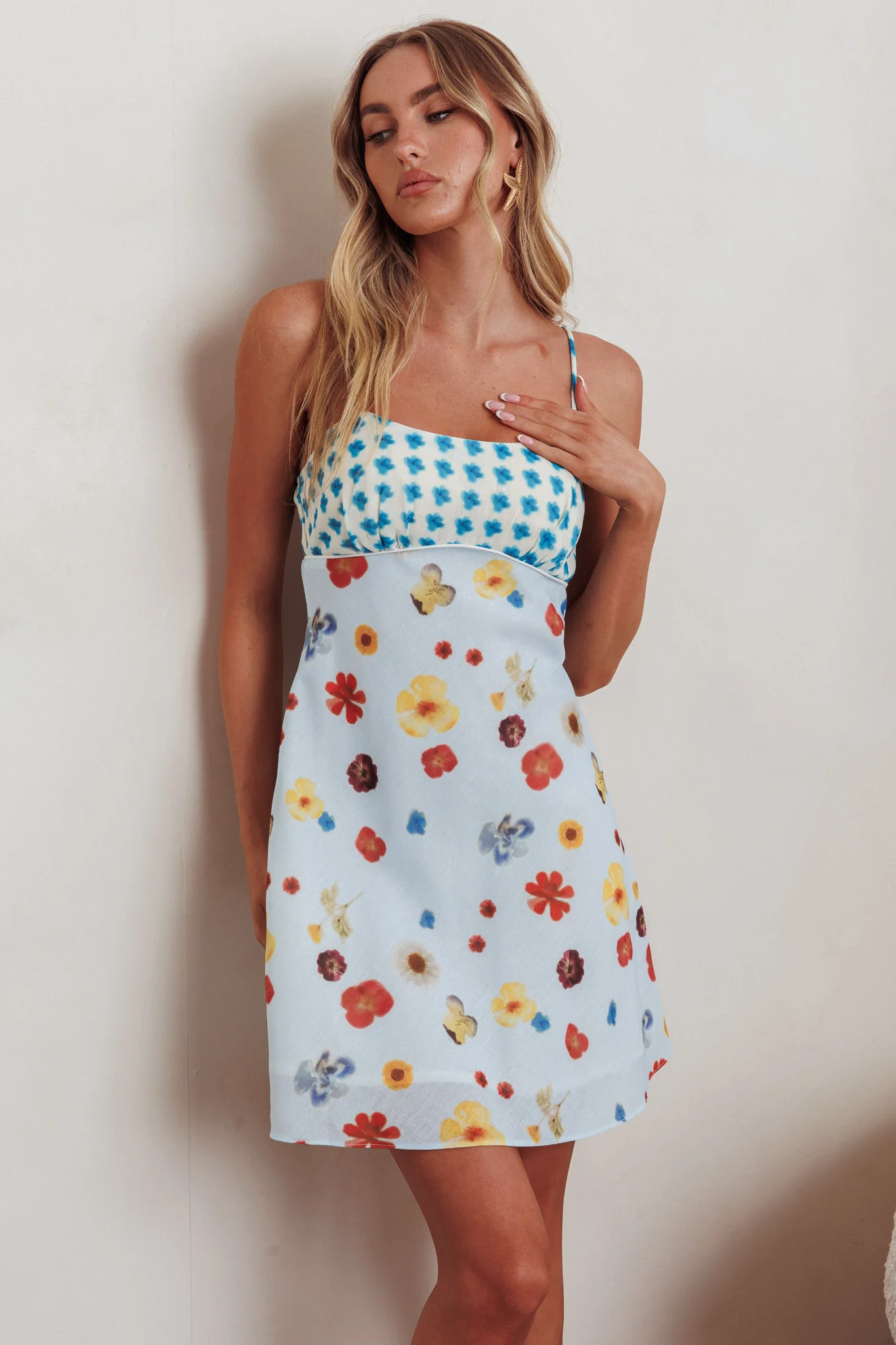 Fleur Sun Cami Strap Mini Dress Flowers Blue - Sonourner