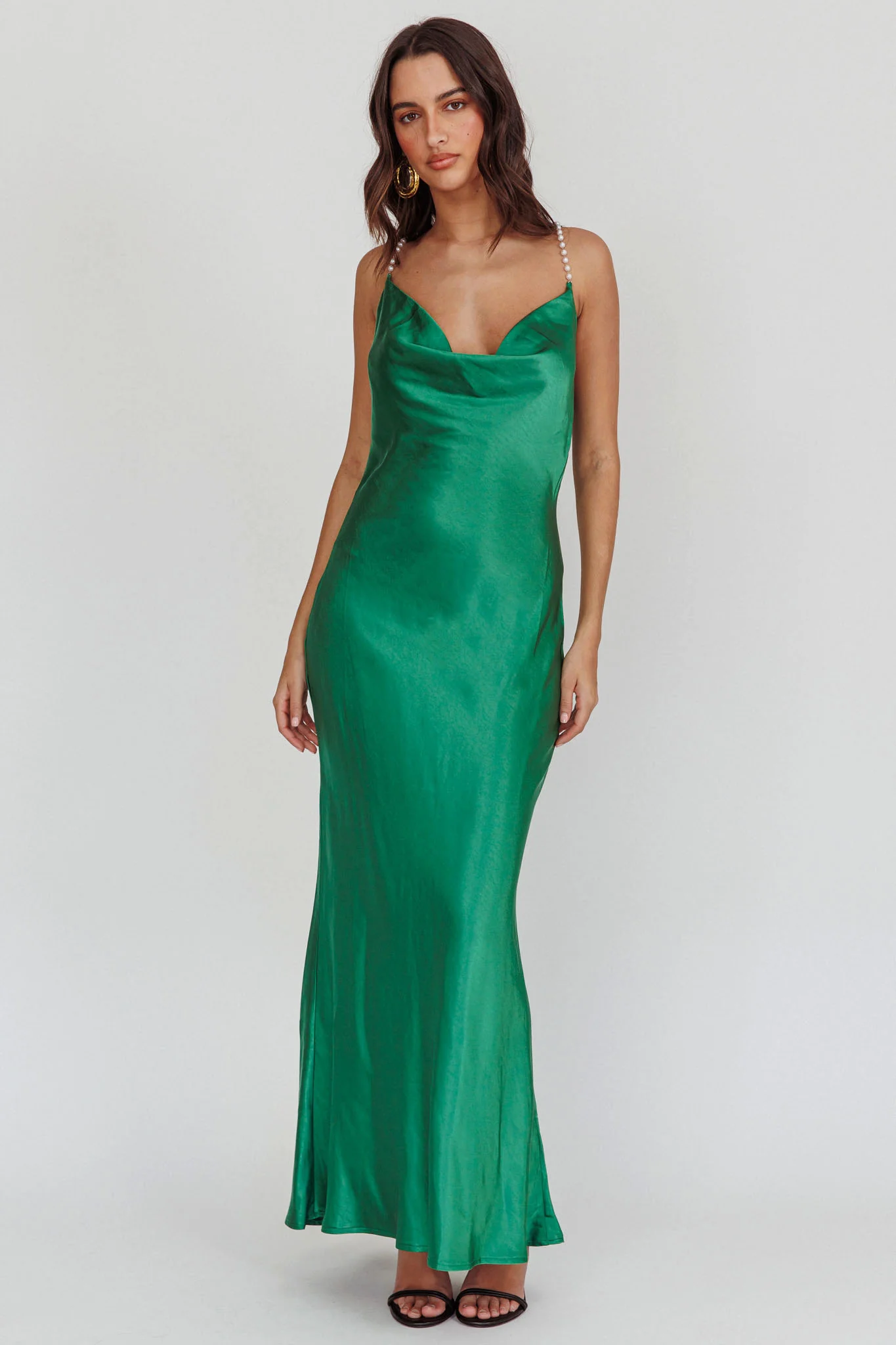 Danijela Cowl Neck Pearl Satin Maxi Dress Emerald - Sonourner
