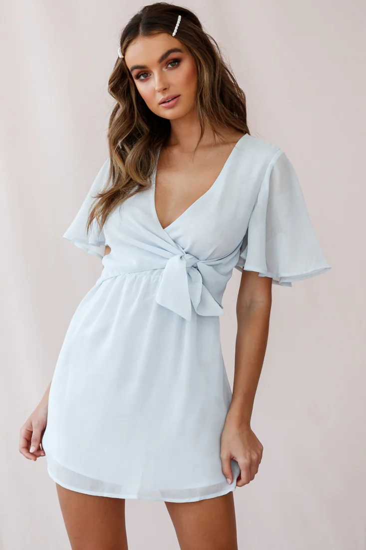 Stealing Hearts Flutter Sleeve Wrap Front Dress Blue - Sonourner